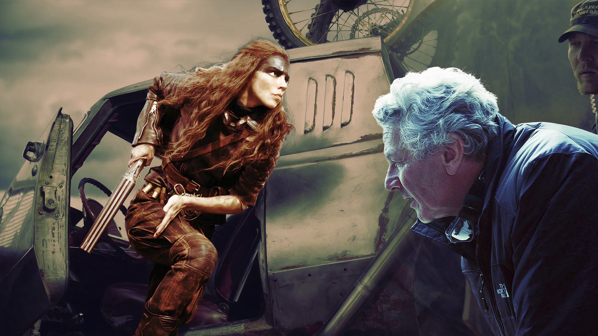 An edited image of Anya Taylor-Joy as Furiosa holding a sawed off shotgun with George Miller directing in Furiosa