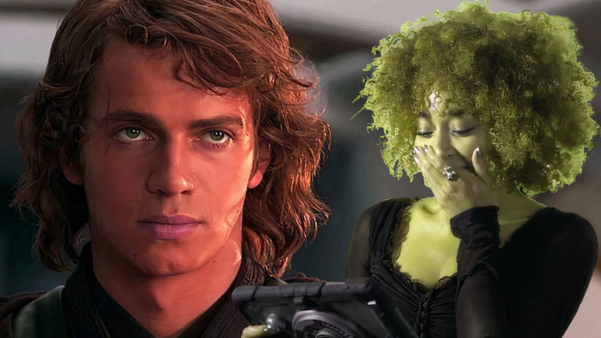 Hayden Christensen in Star Wars: Episode III - Revenge of the Sith paired with an image of Amandla Stenberg.