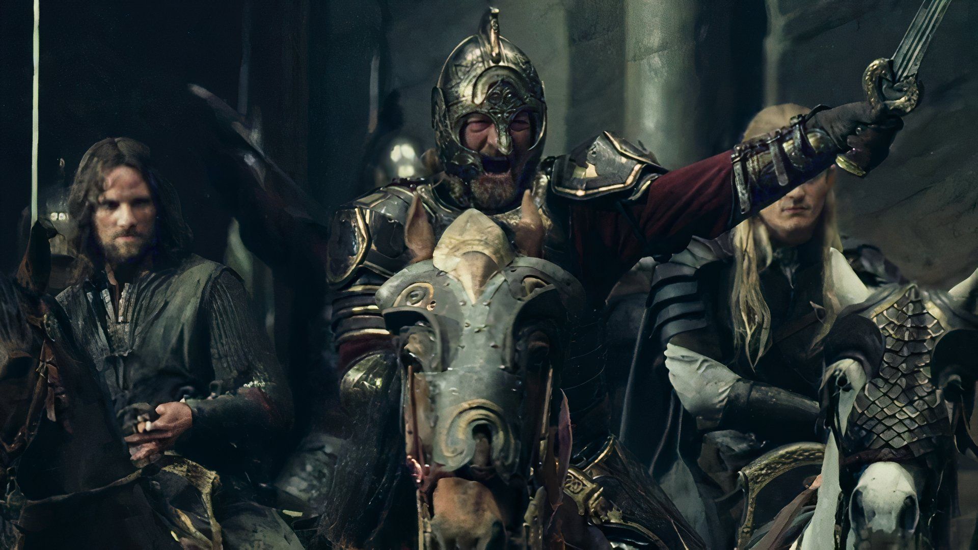 King Theoden charges ahead during the Battle of Helm's Deep in The Lord of the Rings: The Two Towers