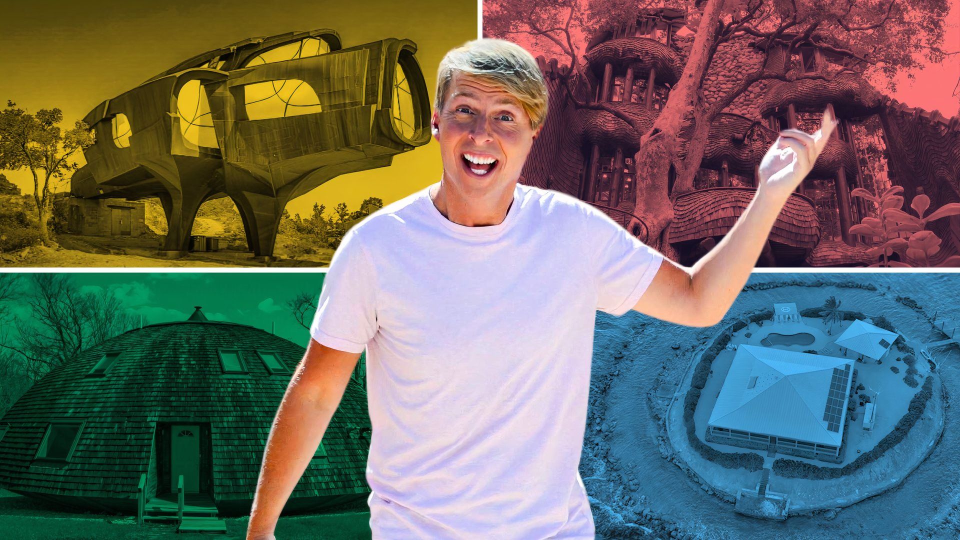 An edited image of Jack McBrayer wearing a white t-shirt with different houses behind him in Zillo Gone Wild