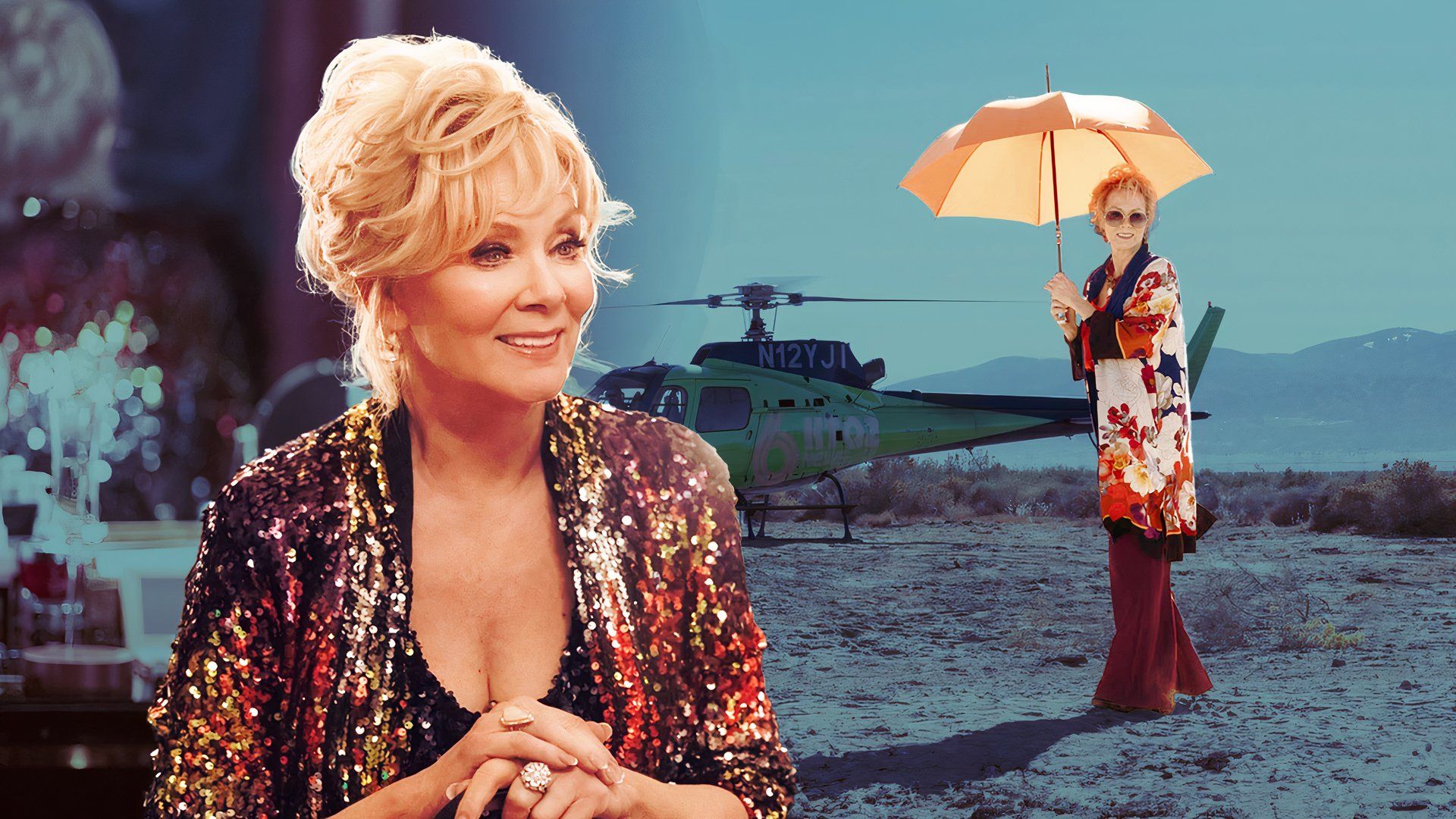 An edited image of Jean Smart as Deborah Vance smiling and holding an umbrella by a helicopter in Hacks