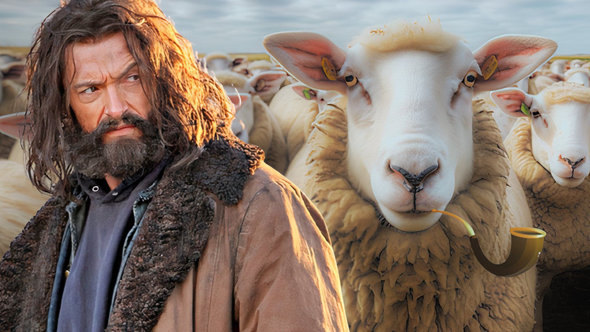 Hugh Jackman and a herd of sheep looking inquisitive.