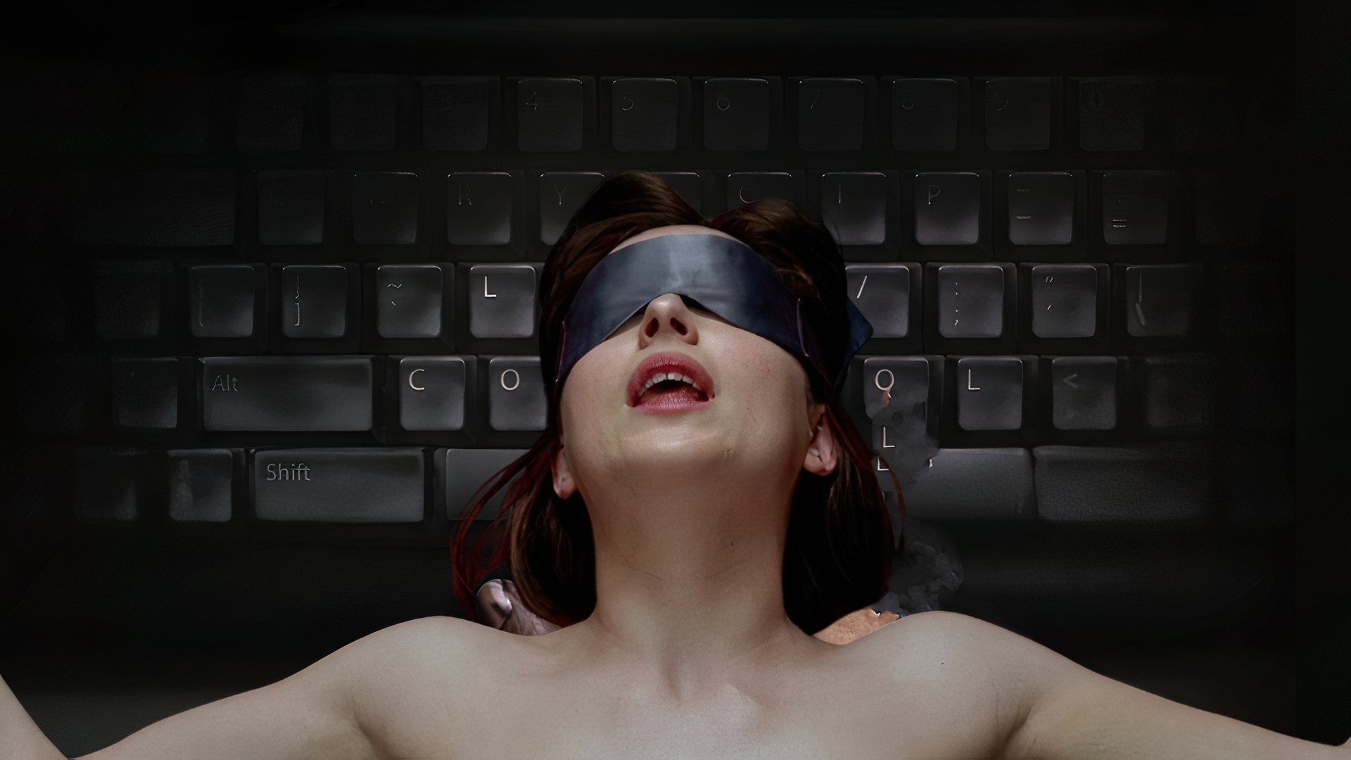 Dakota Johnson naked and blindfolded in Fifty Shades of Grey overlayed on the keyboard from Tell Them You Love Me on Netflix
