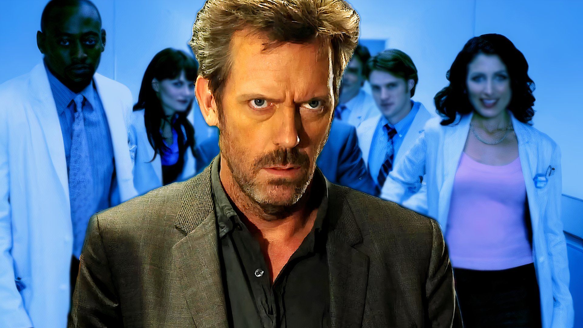 Gregory House looking angry with image of the House team behind