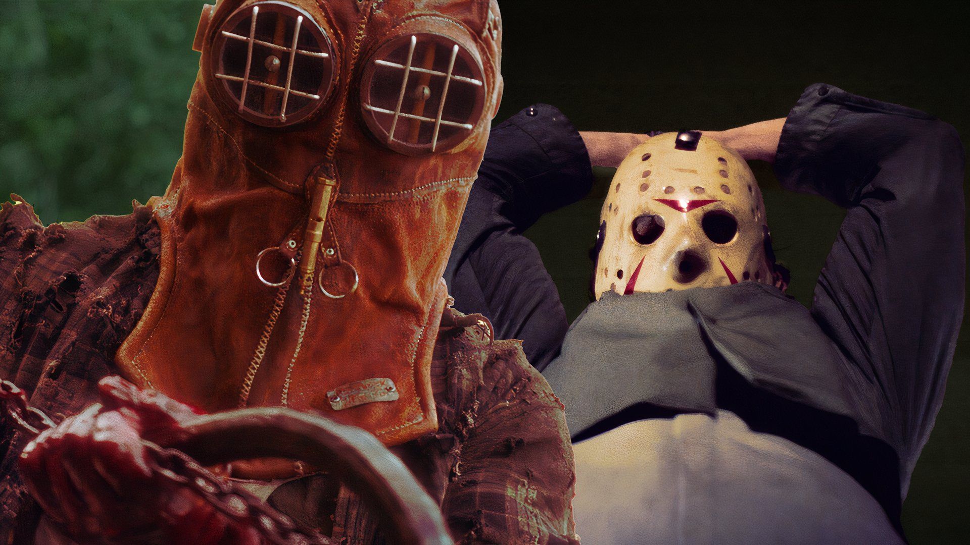 An edited image of Jason Voorhees in his hockey mask attacking someone and the killer from In a Violent Nature