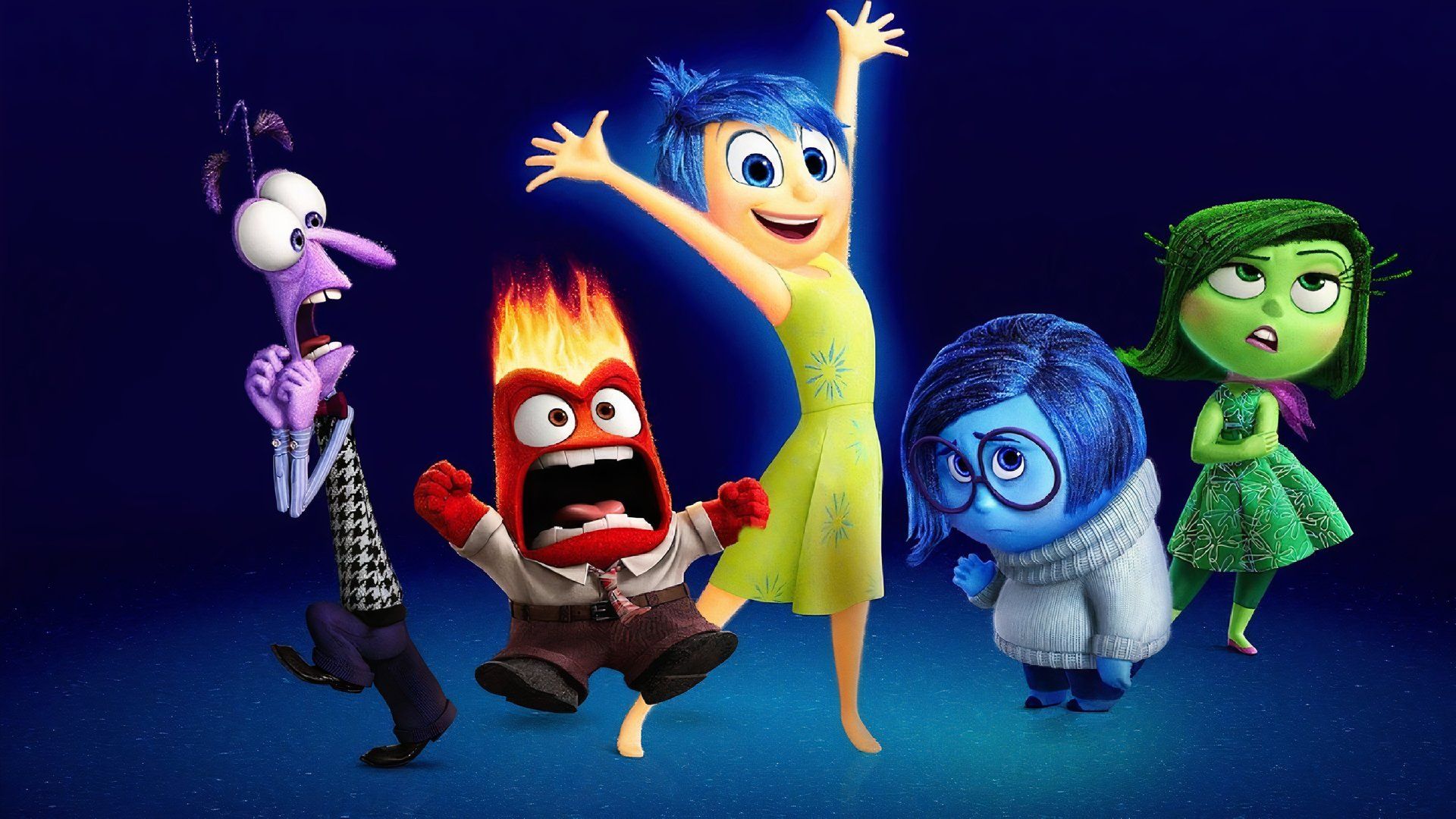 The cast of emotions in Inside Out 2 with Sadness, Anger, Joy, Fear, and Disgust