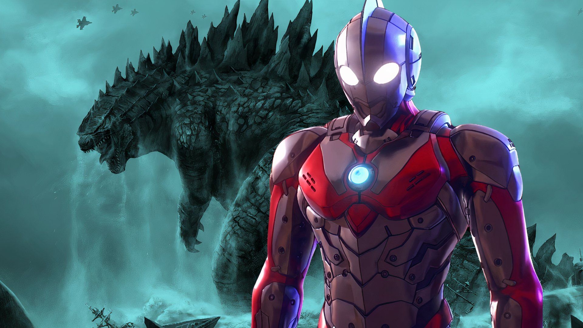 A custom image of Ultraman and Godzilla