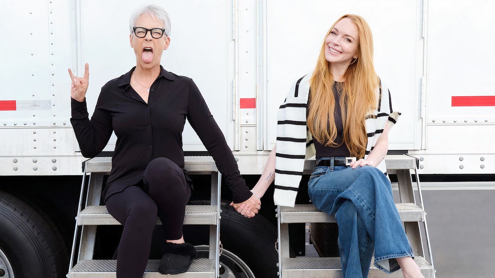 Jamie Lee Curtis and Lindsay Lohan on steps for Freaky Friday filming