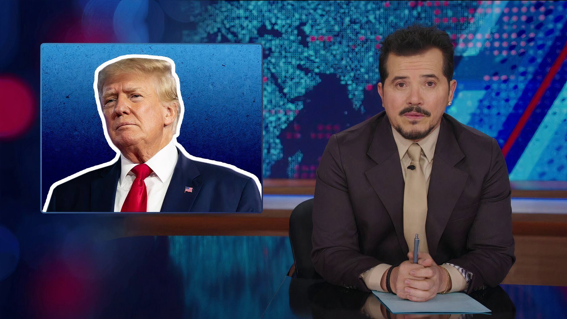 John Leguizamo hosting the Daily Show next to an image of Donald Trump