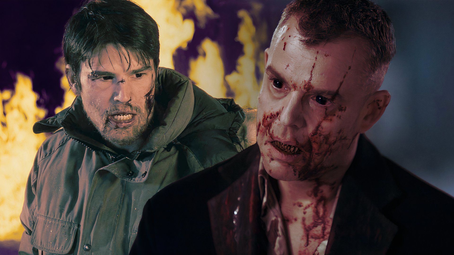 An edited image of Josh Hartnett and Danny Huston as vampires with sharp teeth and blood on their face in 30 Days of Night