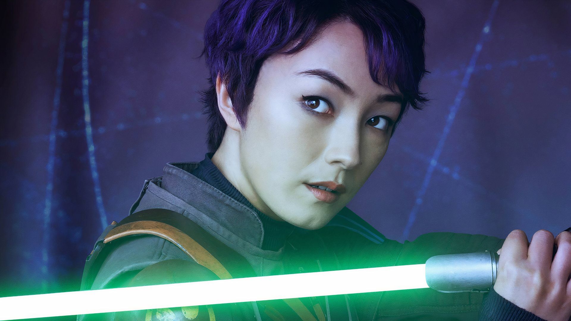 Natasha Liu Bordizzo as Sabine Wren wielding a Lightsaber in the Star Wars series Ahsoka on Disney+