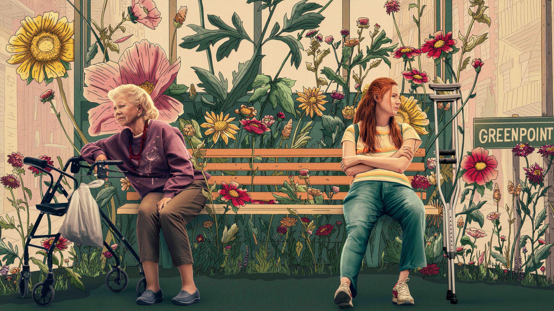 Malgorzata Zajaczkowska and Karen Gillan in Late Bloomers (2023) sitting on a bench
