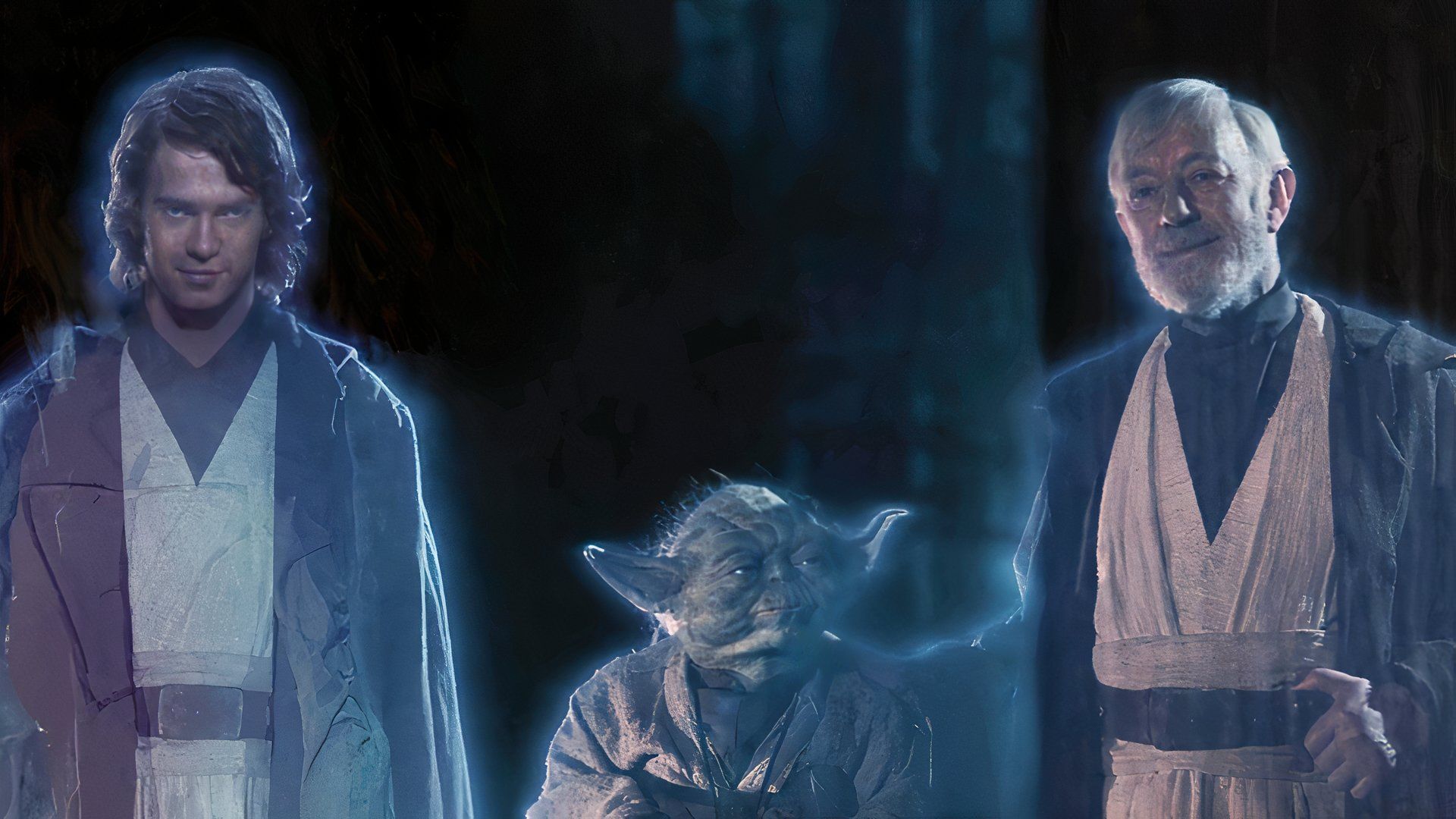 Force ghosts in Return of the Jedi with Anakin, Yoda, and Obi-Wan