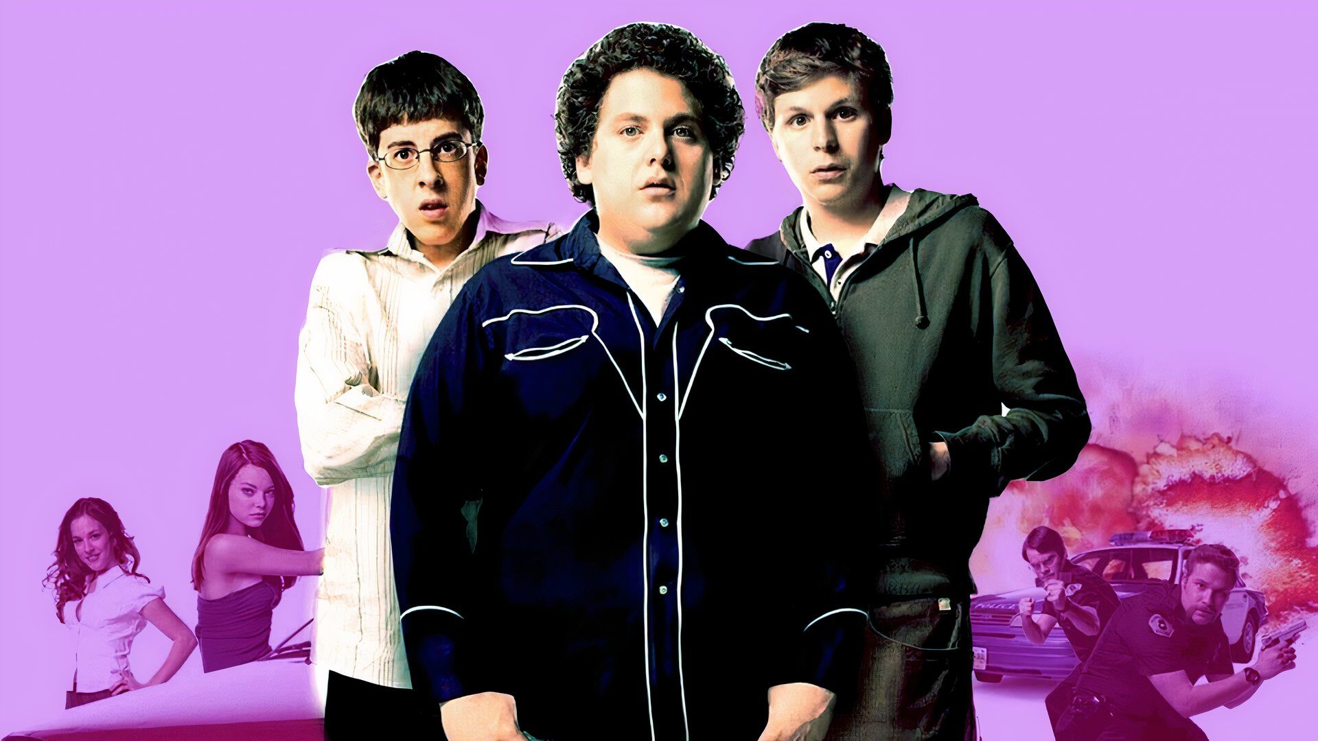 Superbad movie poster cropped to show main cast and colorized