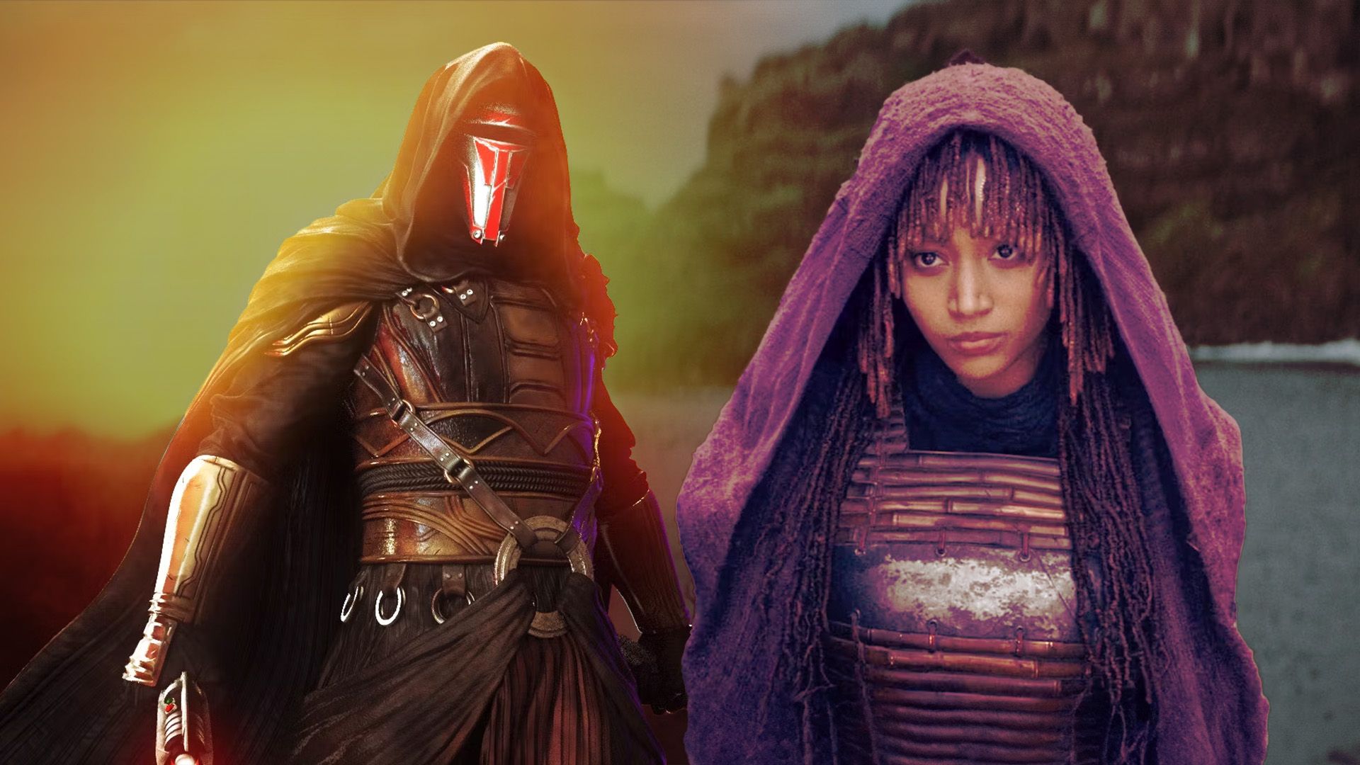 Amandla Stenberg as Mae wearing a dark hood in The Acolyte next to Revan from Knights of the Old Republic