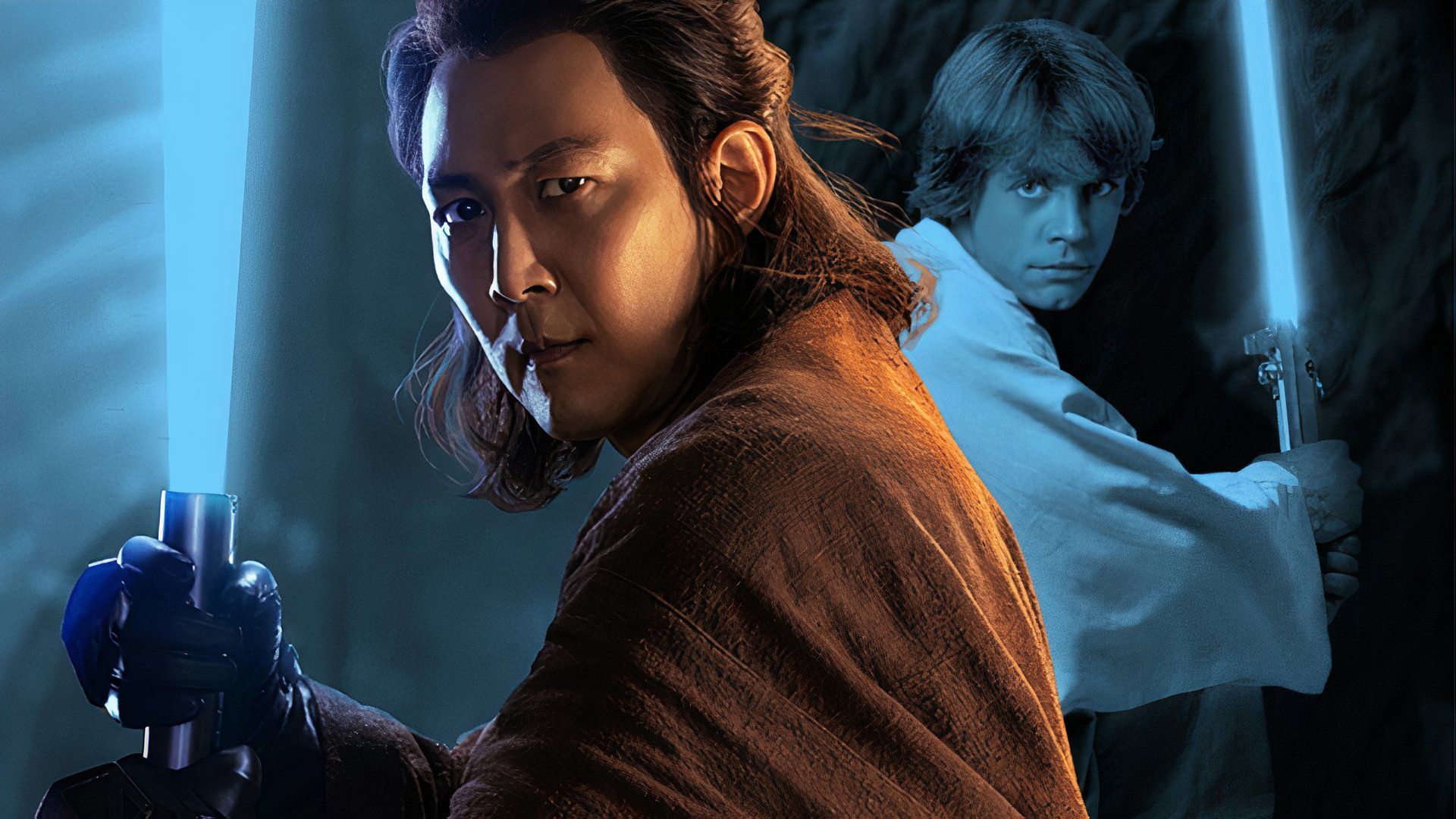 An edit of Lee Jung-jae as Sol with Mark Hamill as Luke Skywalker in the background in Star Wars The Acolyte