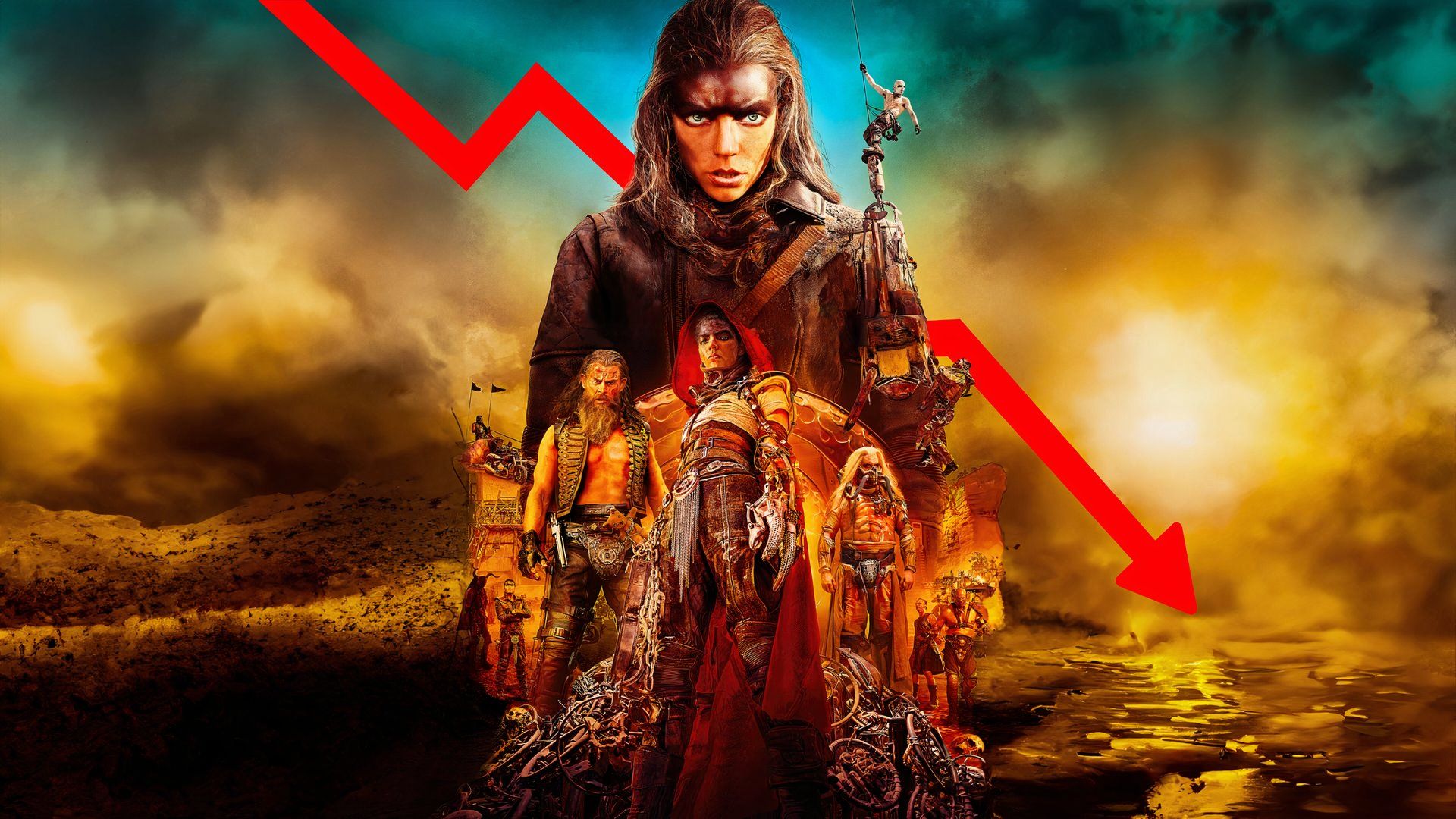 An edit of Anya Taylor-Joy alongside Chris Hemsworth with a downward arrow in the back in Furiosa: A Mad Max Saga