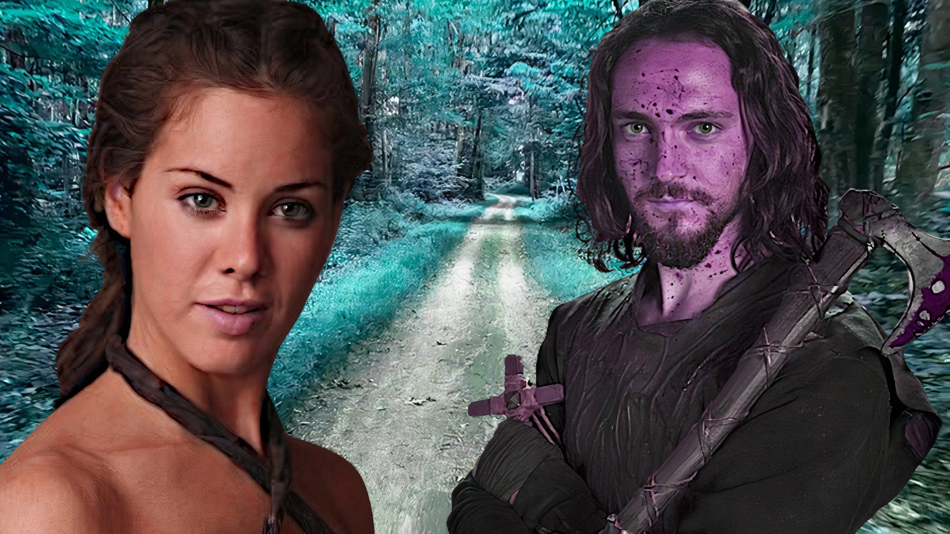 George Blagden in Vikings and Roxanne McKee in Game of Thrones over an image of a running trail.