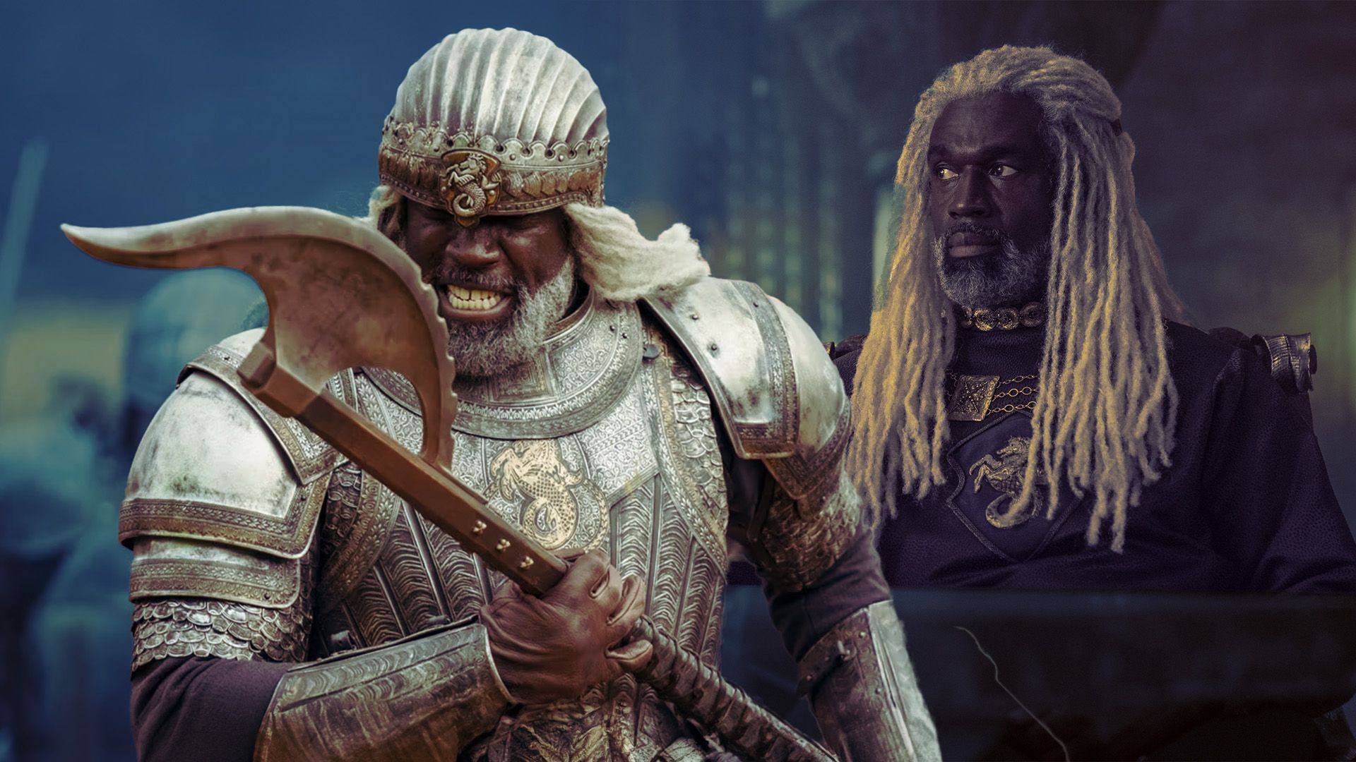 An edited image of Steve Toussaint as Corlys wielding a massive axe and wearing armor in House of the Dragon