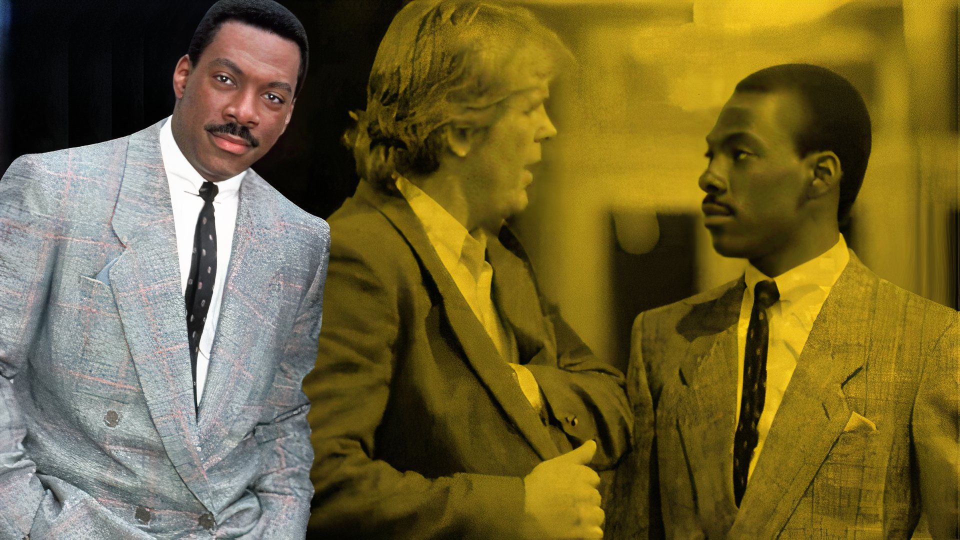 An edited image of Eddie Murphy and Nick Nolte wearing suits in 48 Hrs. 