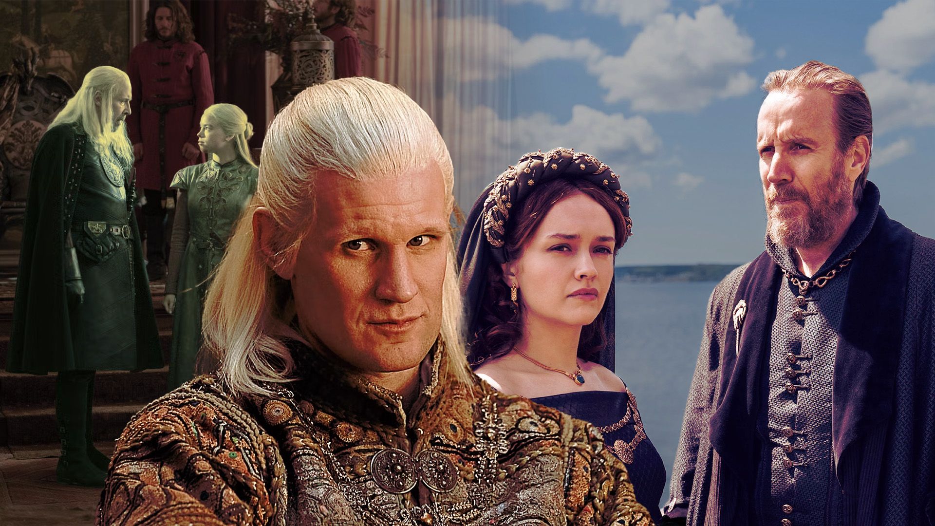 An edited image of Alicent, Daemon, Otto, Viserys, and Rhaenyra in House of the Dragon