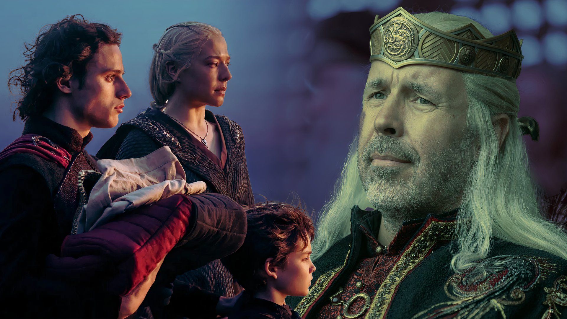 An edited image of Viserys, Rhaenyra, and Jacaerys with her youngest son in House of the Dragon