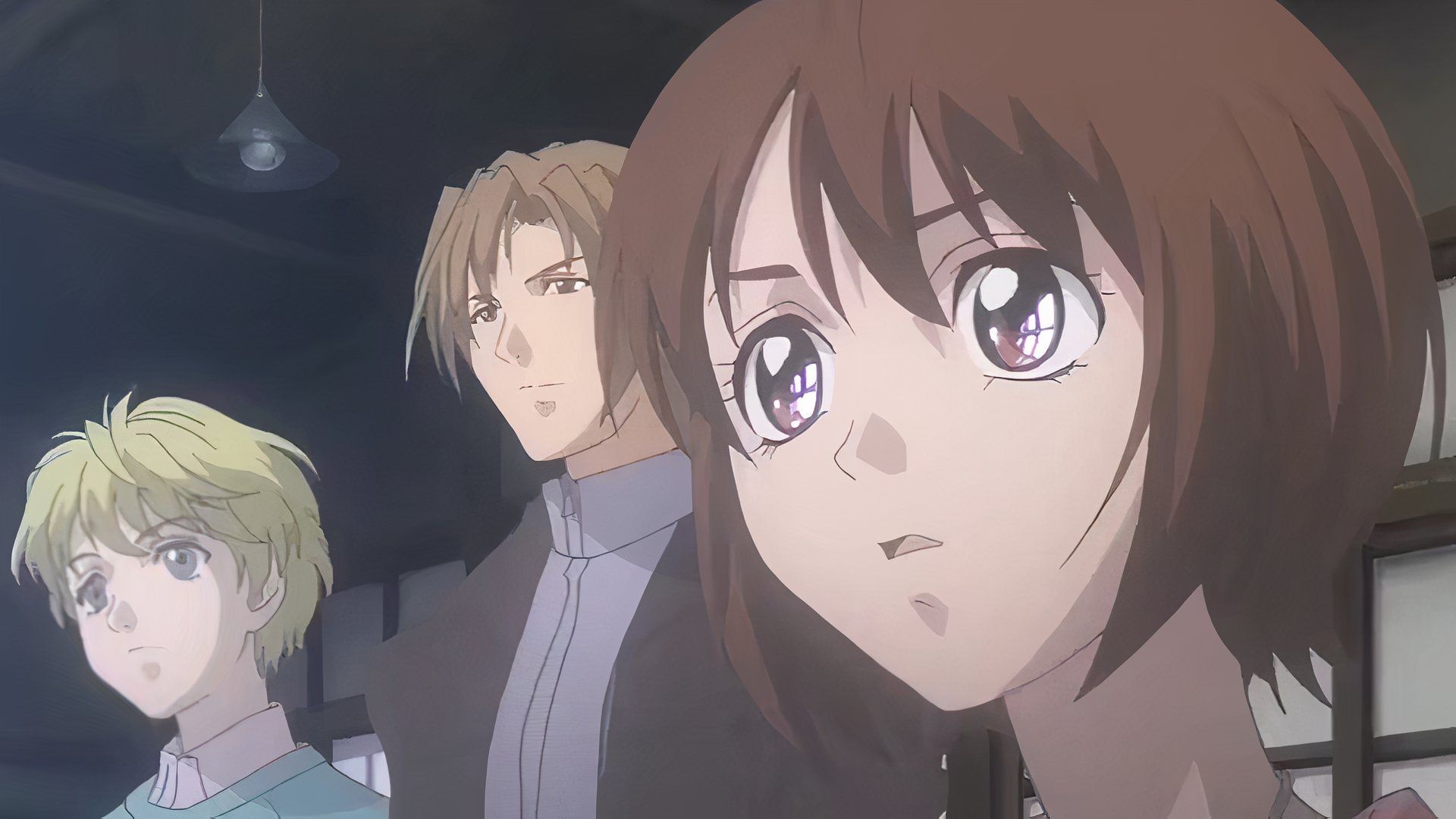 Three anime characters stare into the distance in Ghost Hunt