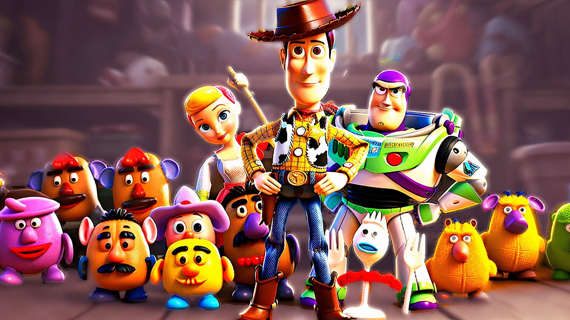 Toy Story characters grouped together led by cowboy Woody