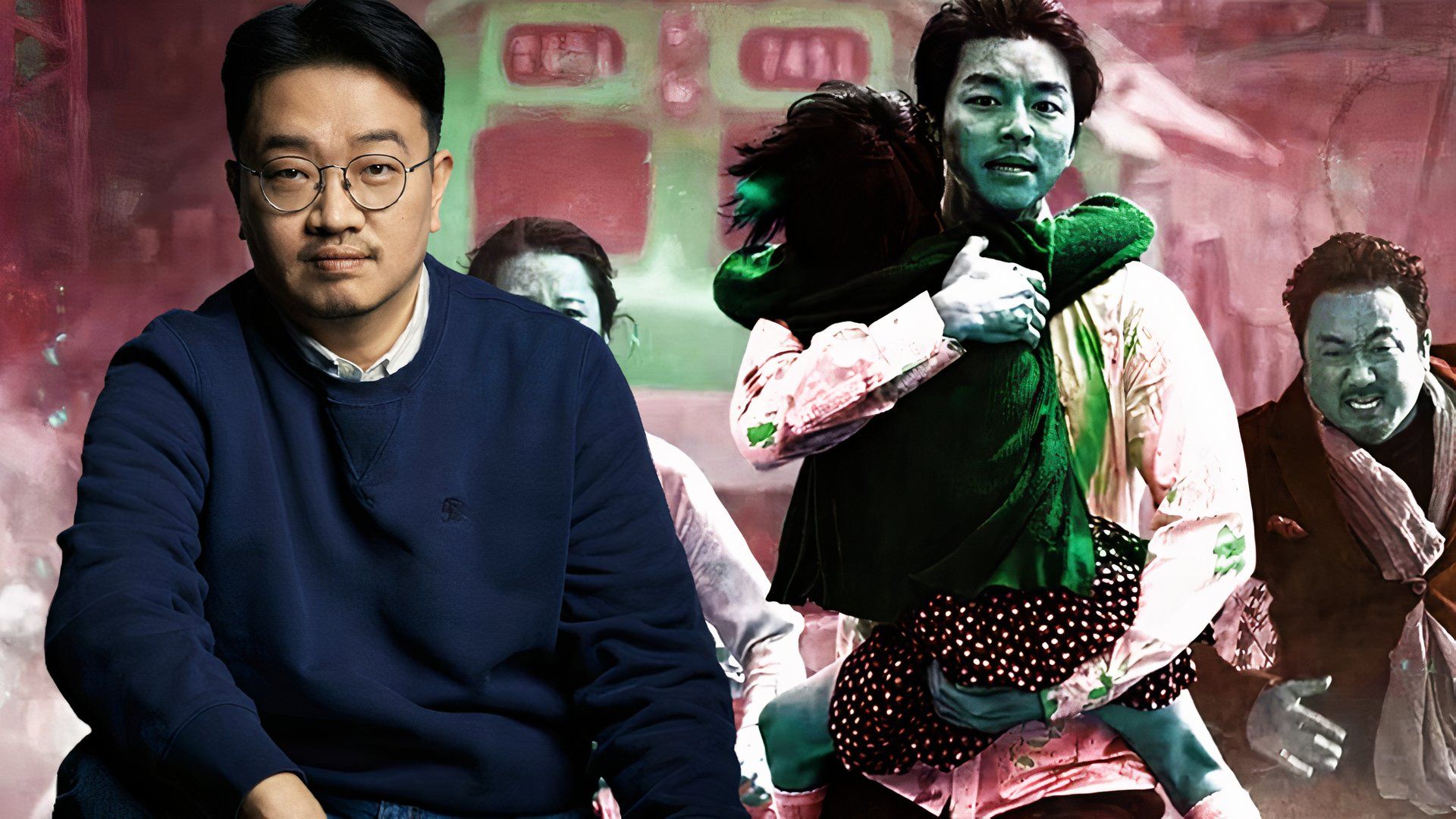 Director Yeon Sang-ho over an image from Train to Busan