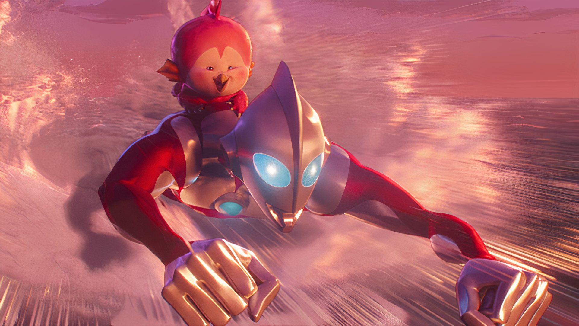 Ultraman flies with a baby in Ultraman: Rising