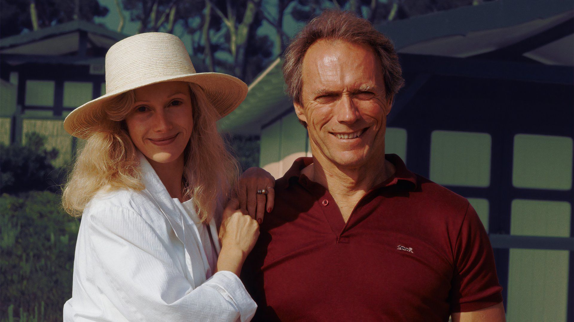 An edited image of Clint Eastwood and Sondra Locke posing for a photo together