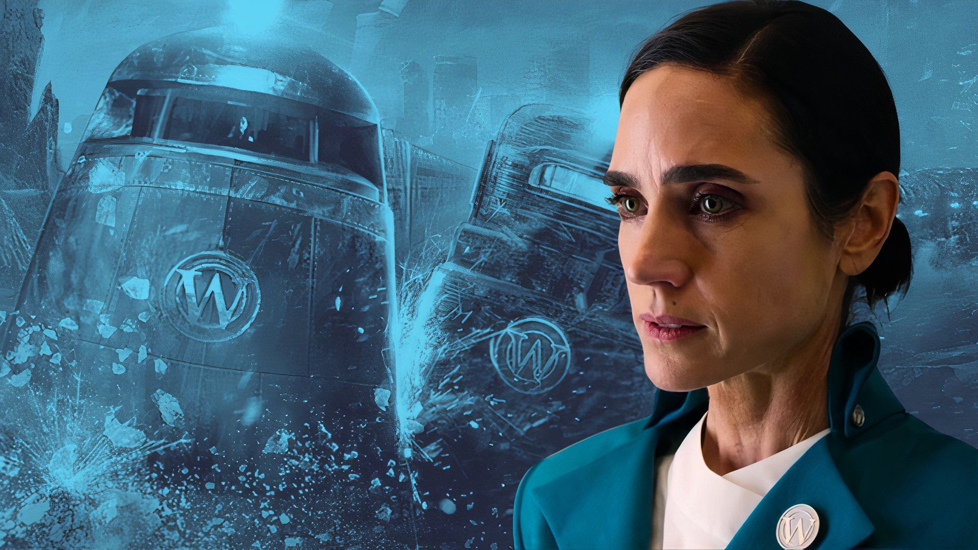 An edited image of Jennifer Connelly next to the train from Snowpiercer in Snowpiercer