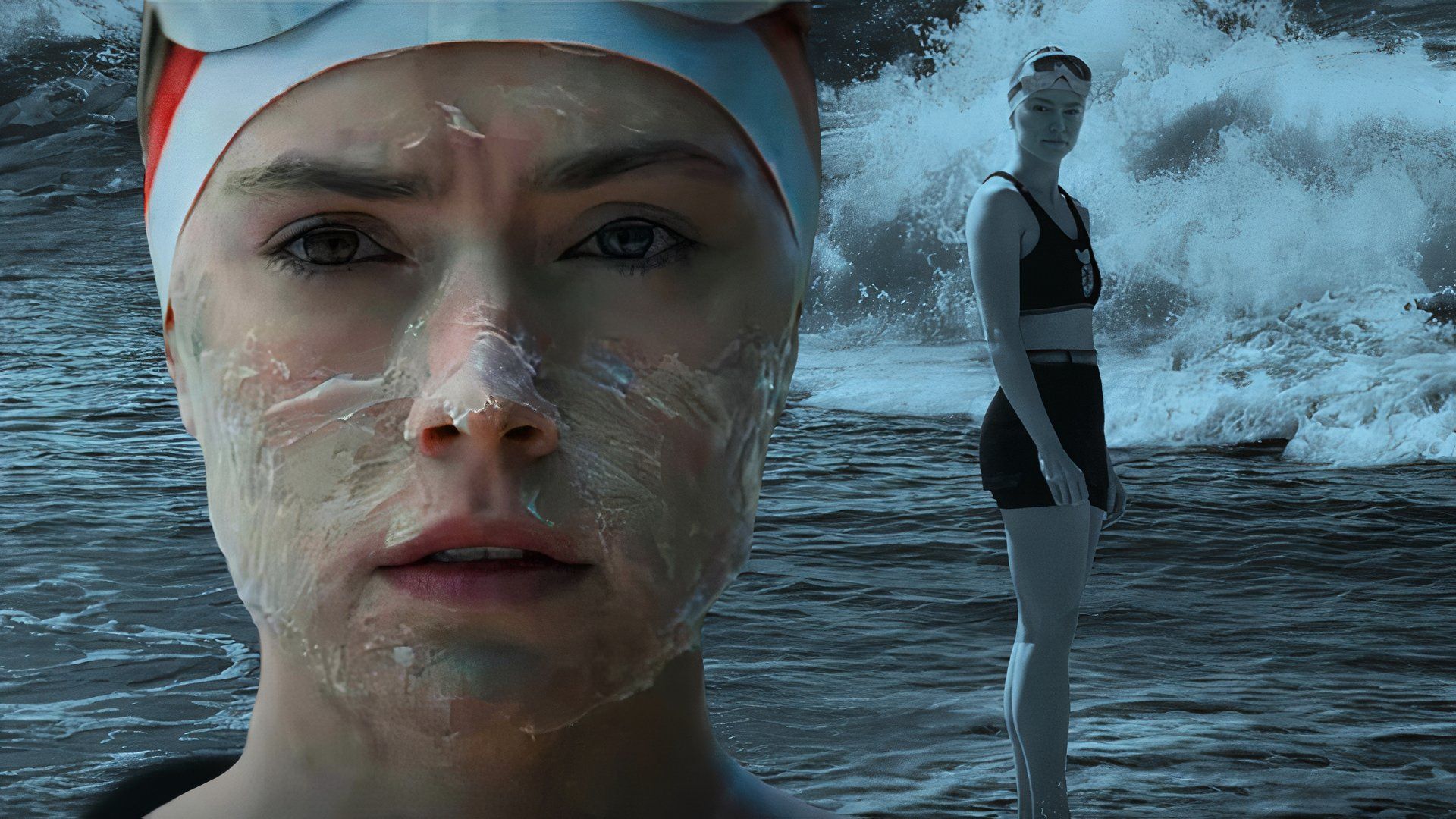 An edited image of Daisy Ridley as Gertrude Ederle in a swim suit in Young Woman and the Sea