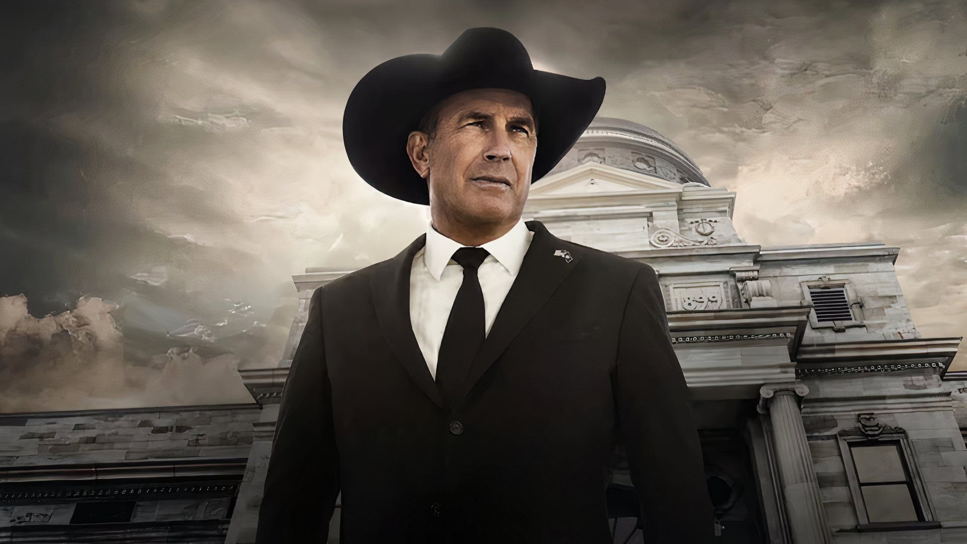 Kevin Costner as John Dutton stands in front of the Montana Capitol in a promotional image for Yellowstone