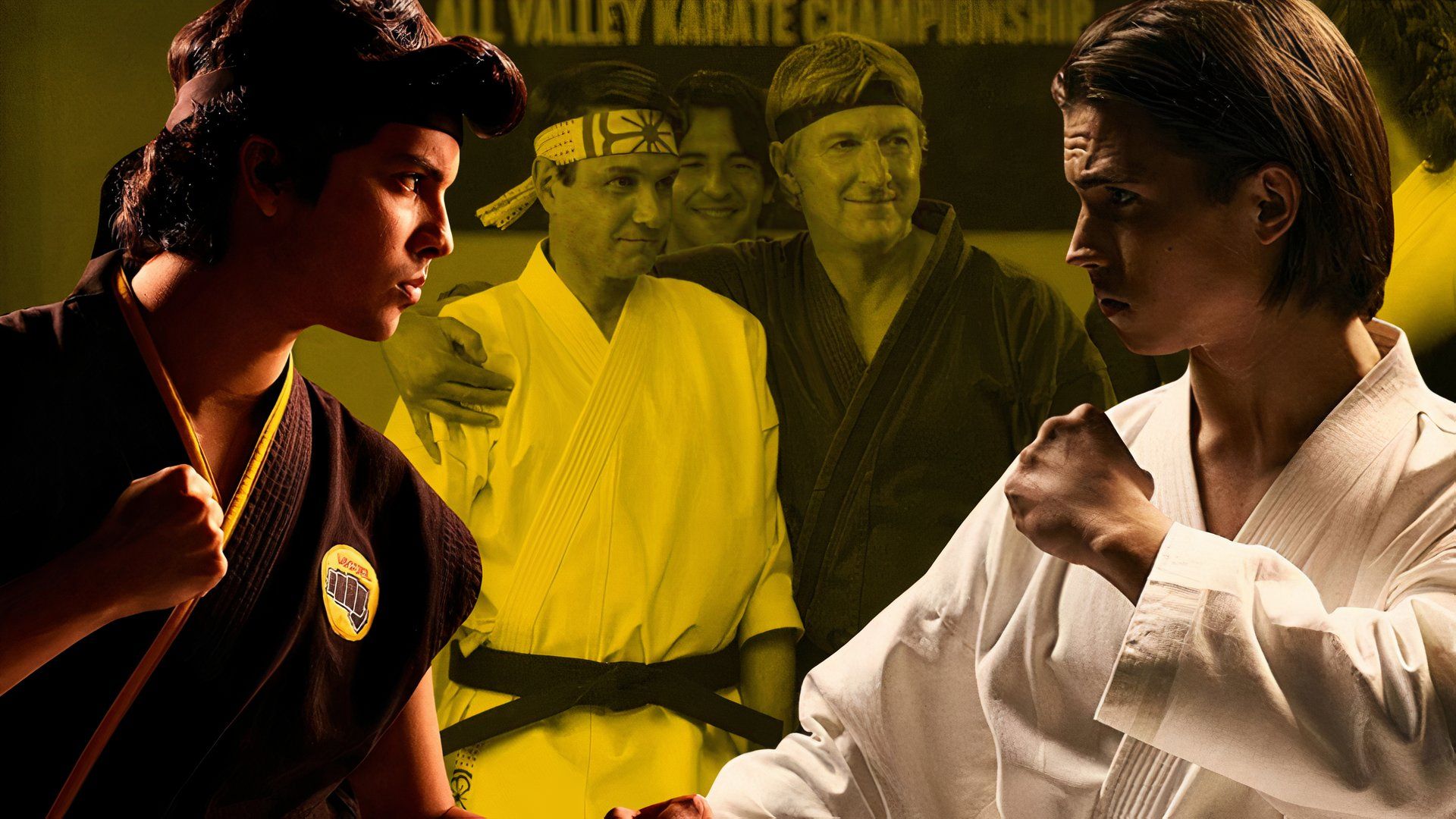 An edited image of Tanner Buchanan, Xolo Maridueña, Ralph Macchio, and William Zabka in Cobra Kai