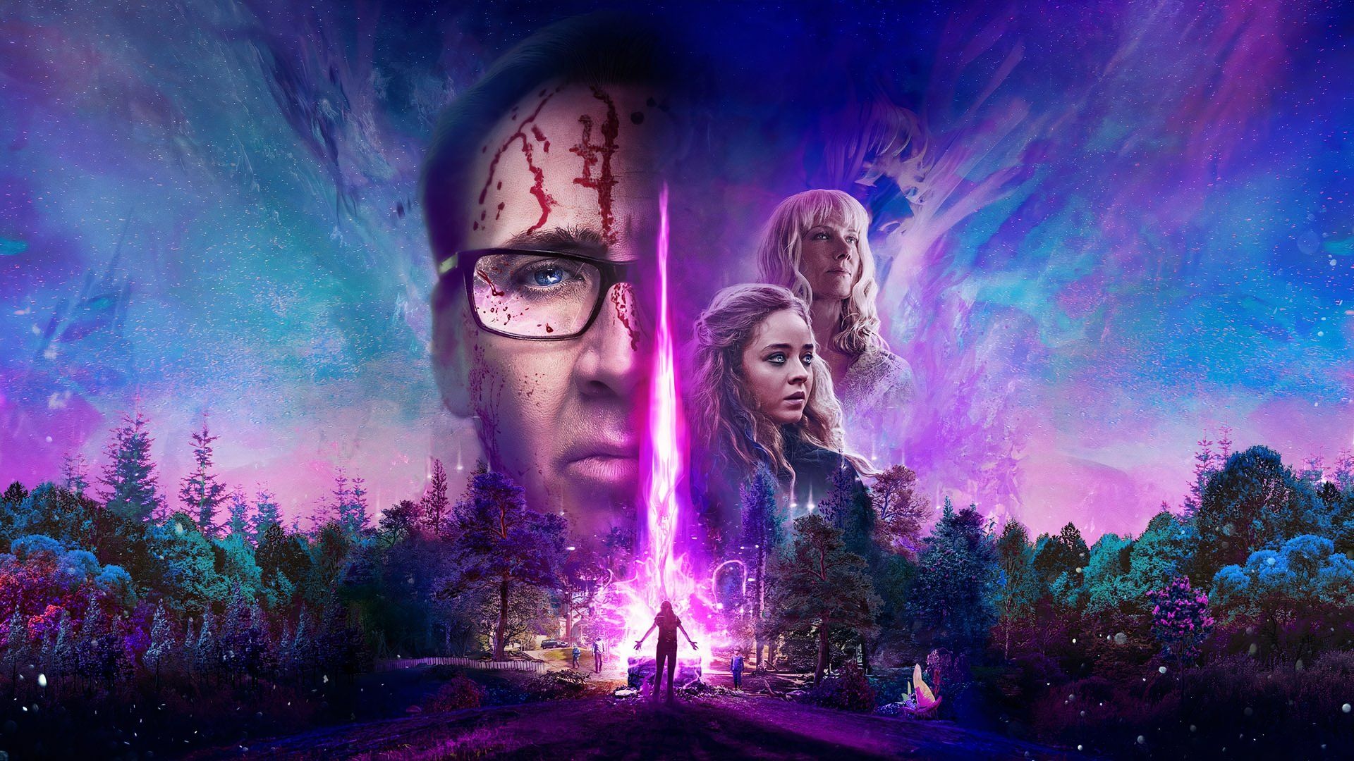 Poster image featuring Nicolas Cage and the cast of the Lovecraft-inspired horror film Color out of Space (2019)