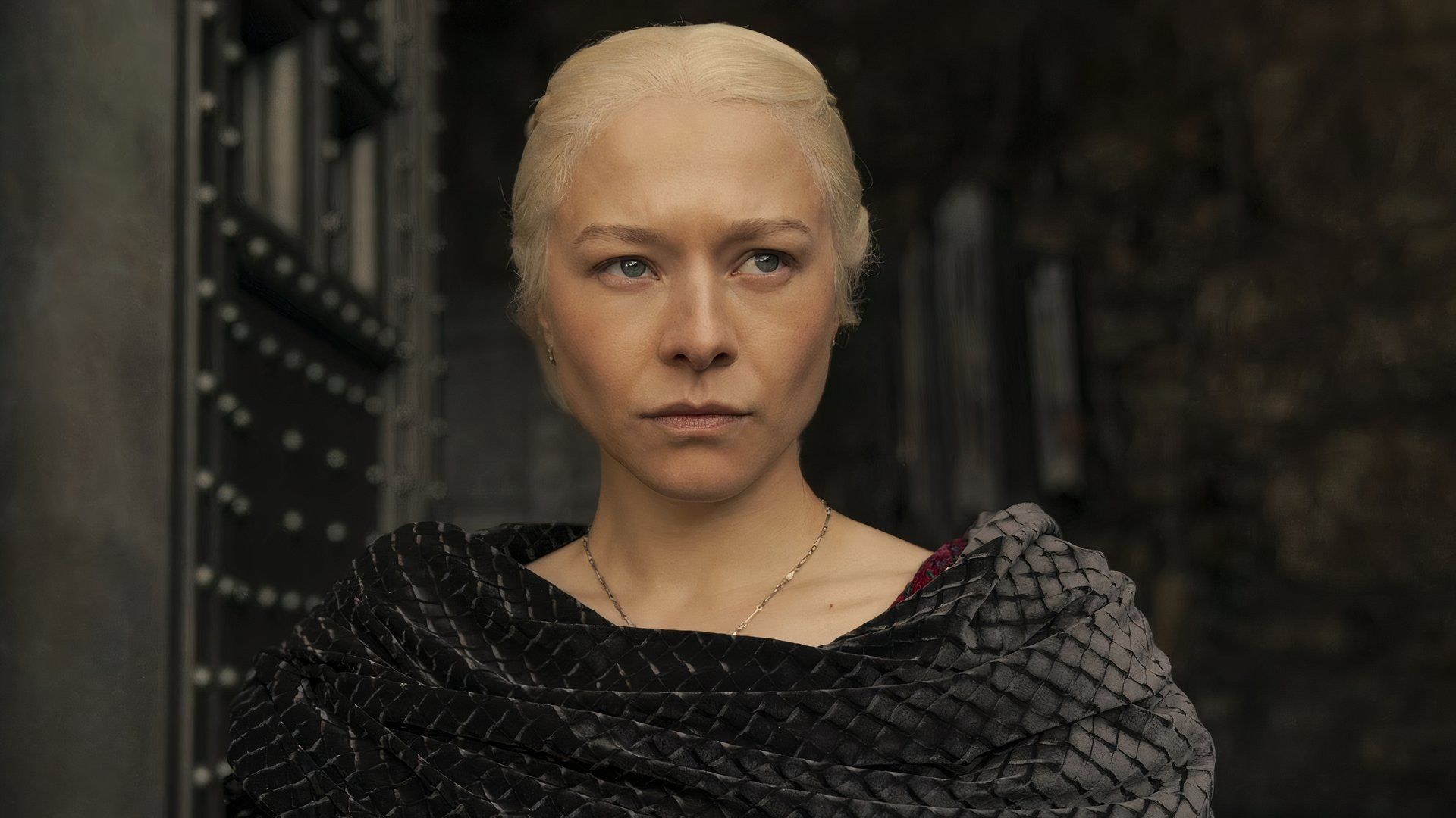 Still from House of the Dragon with Rhaenyra looking at something off-screen