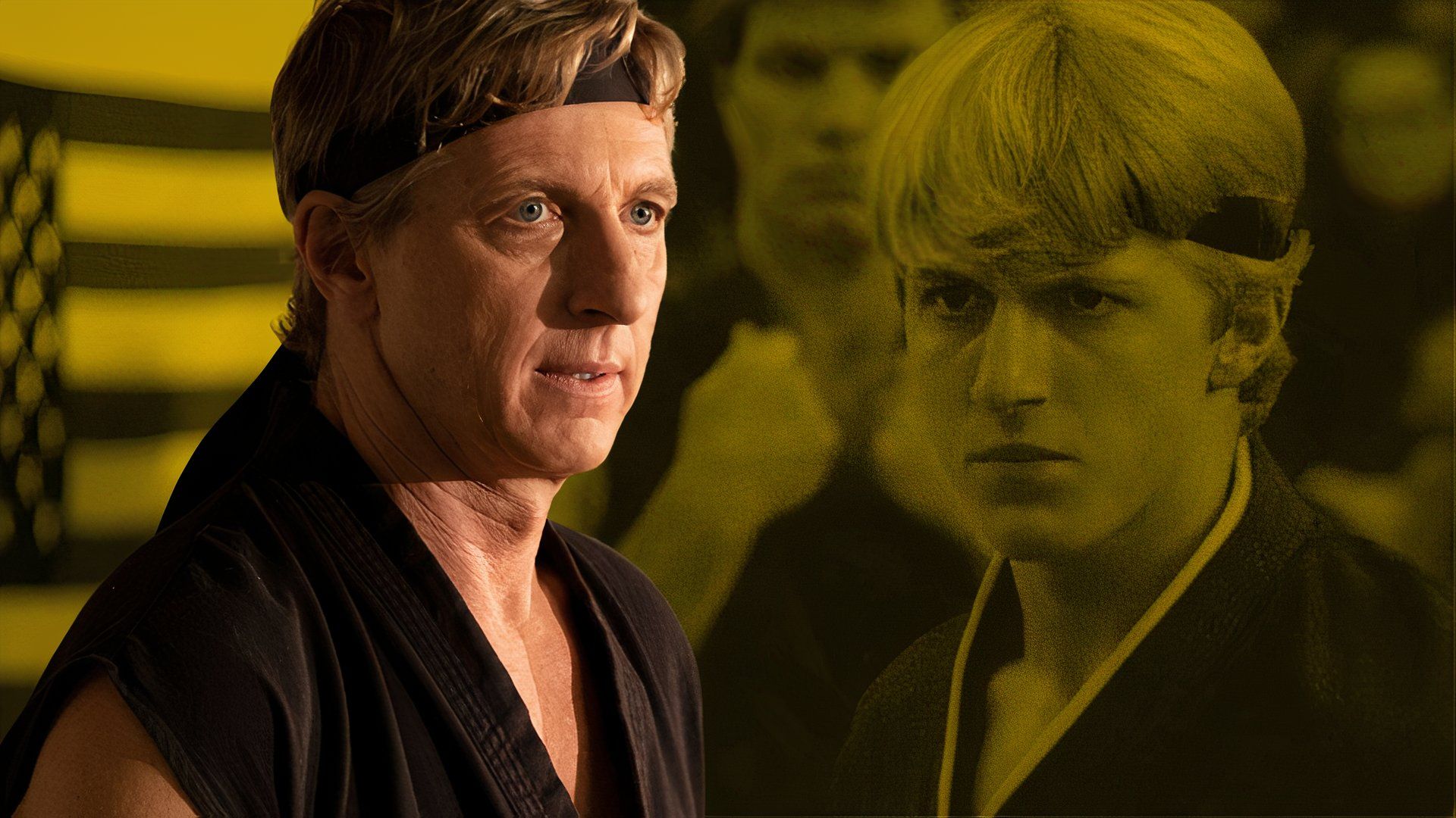 Edited image of William Zabka as Johnny in Cobra Kai and The Karate Kid.