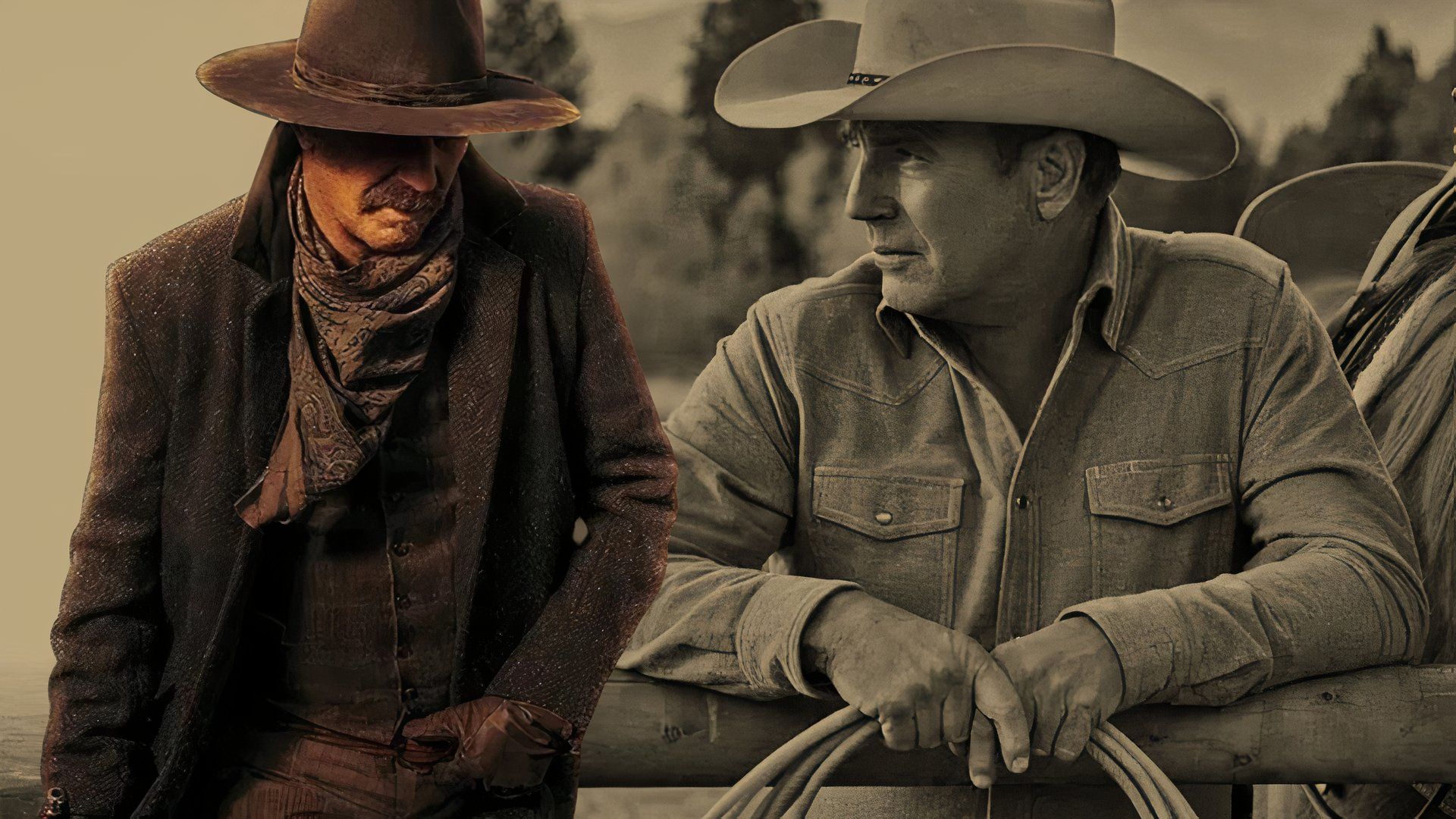 Edited image of Kevin Costner in both Yellowstone and Horizon: An American Saga 