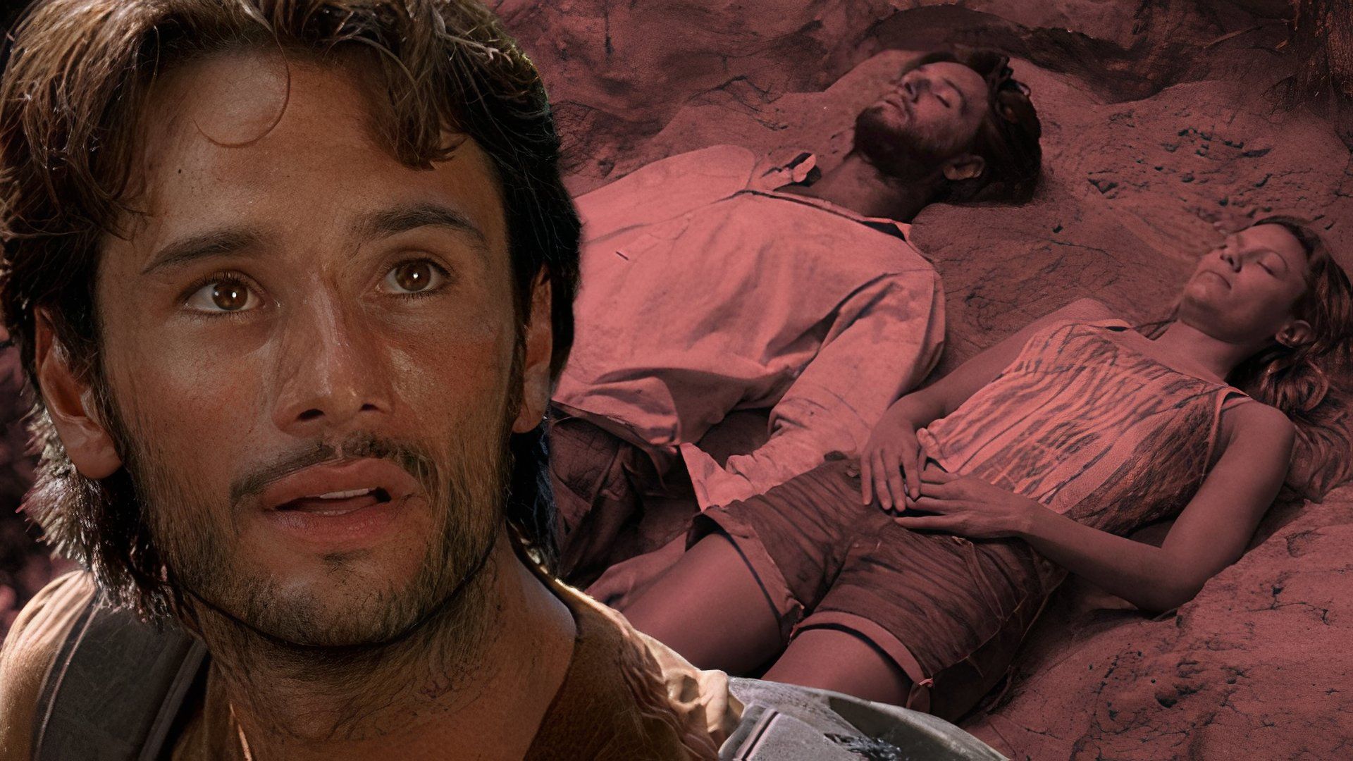 A custom image of two characters lying in the sand in Lost