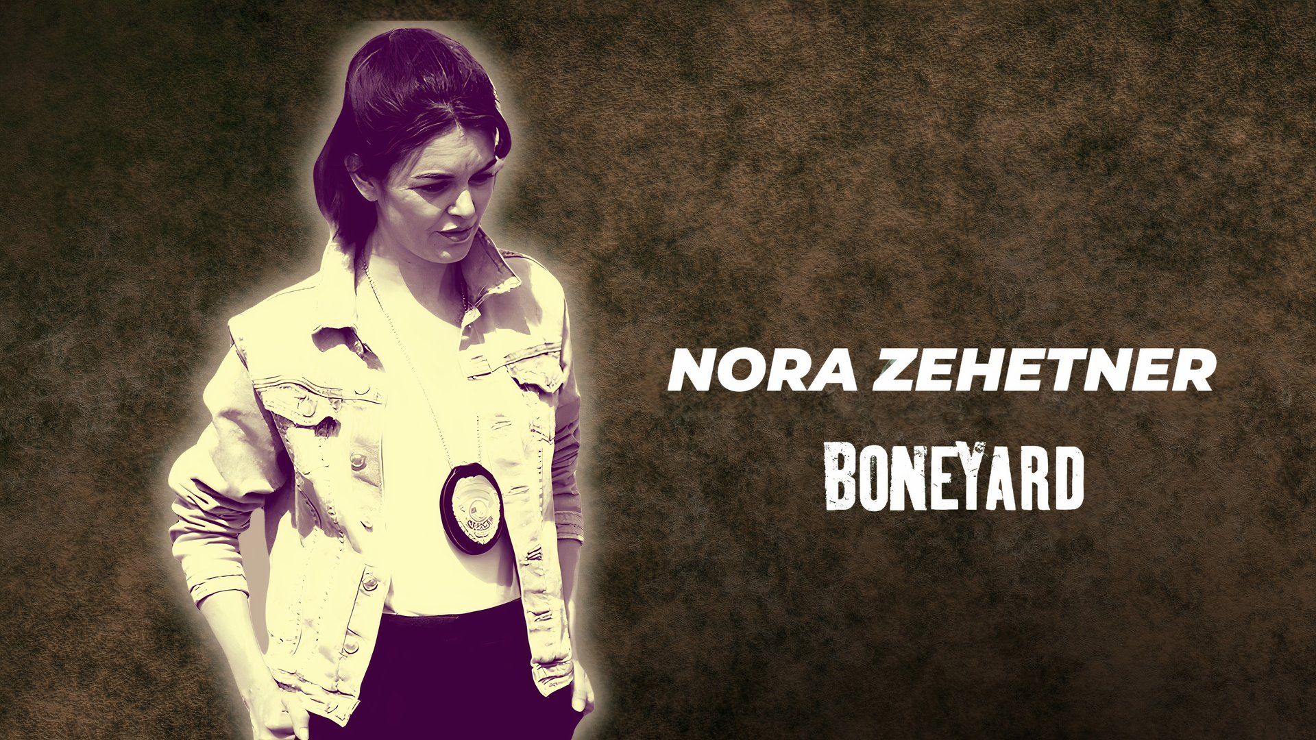 Nora Zehetner e o filme Boneyard em amarelo com fundo marrom