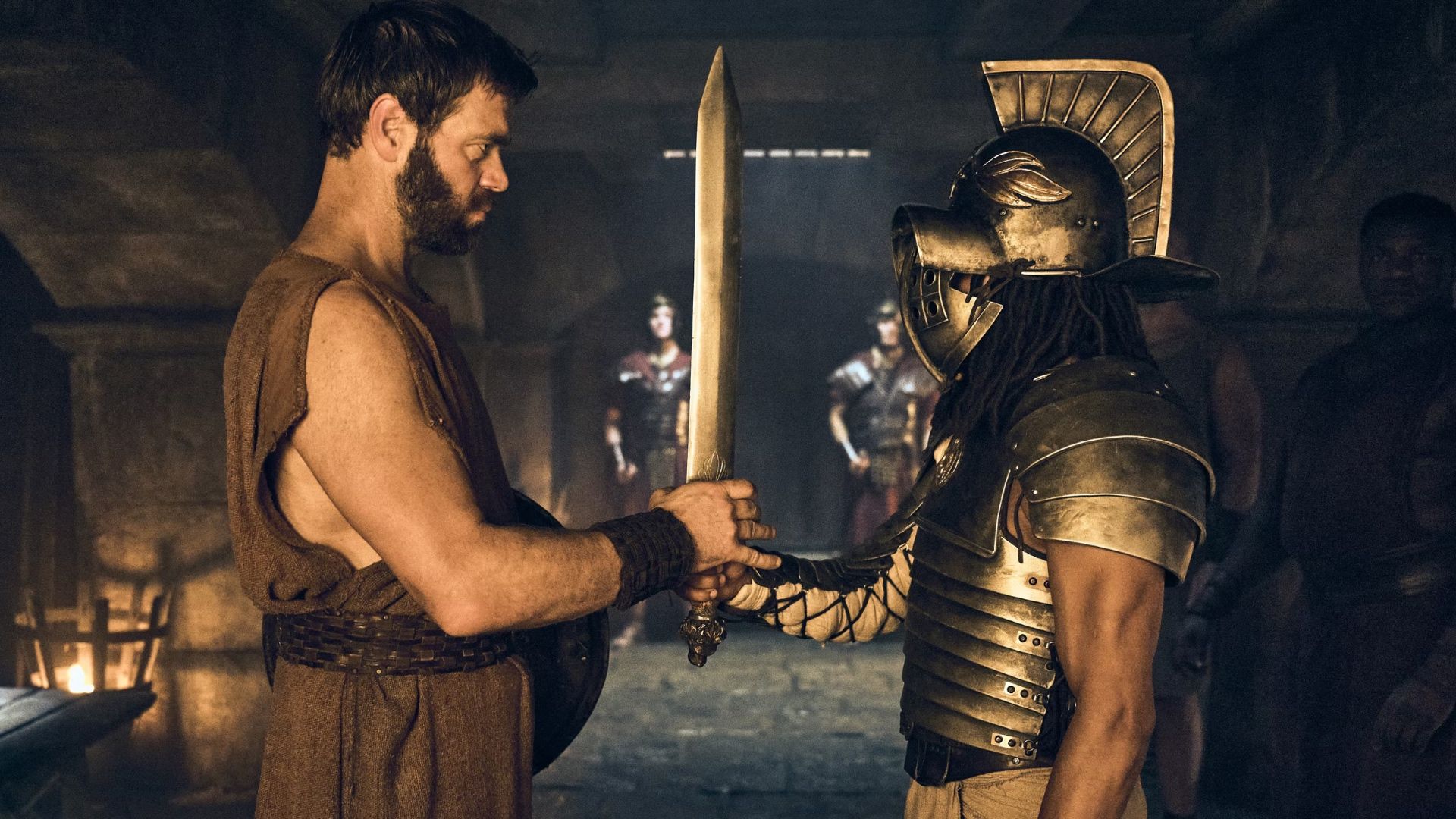 Those About to Die scene with Jóhannes Jóhannesson as a gladiator with a sword