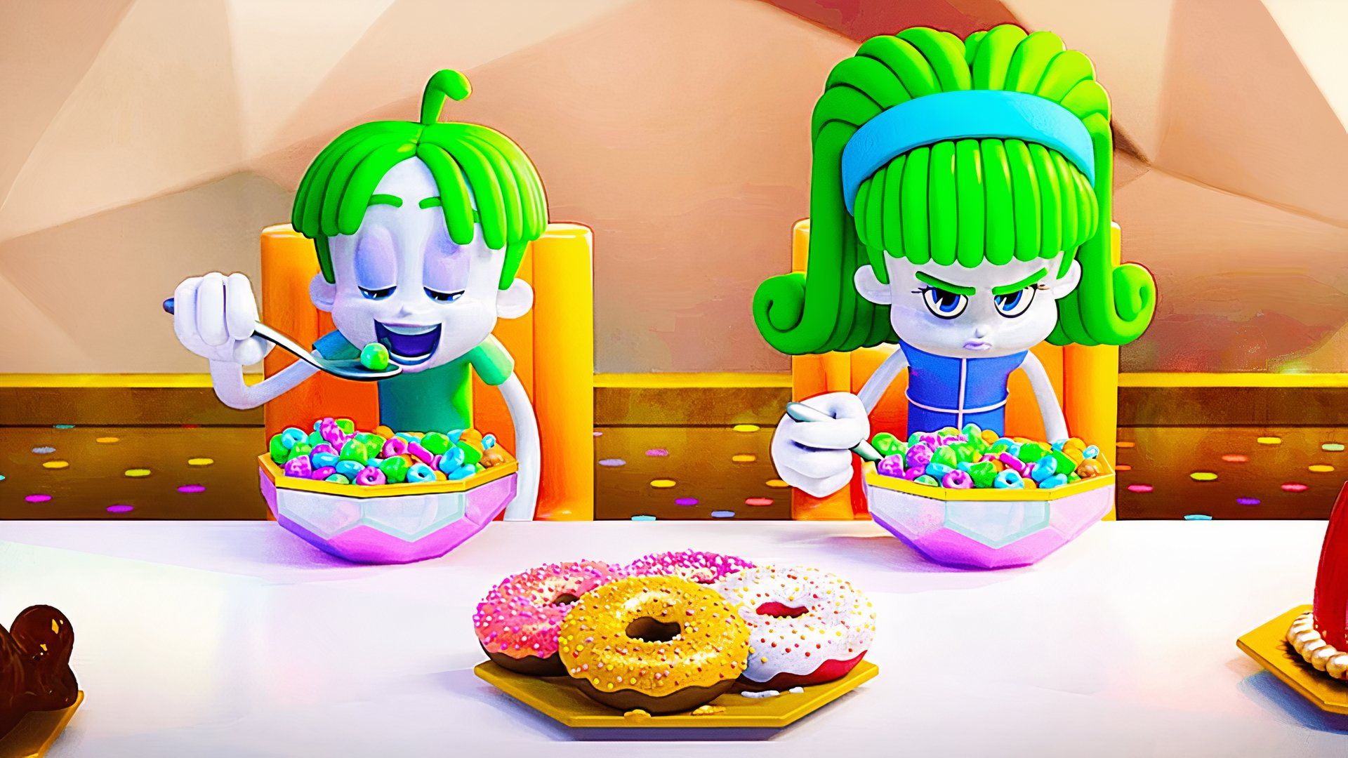 Velvet and Finn eat cereal together in Trolls