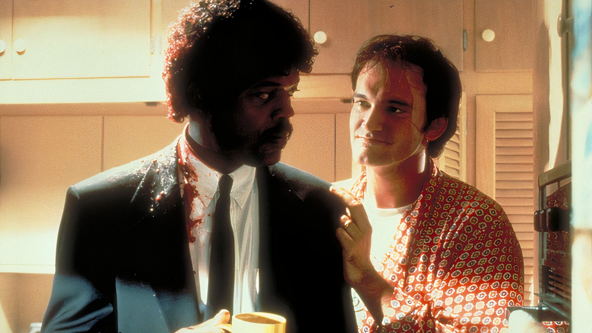 Quentin Tarantino and Samuel L Jackson covered in blood in Pulp Fiction