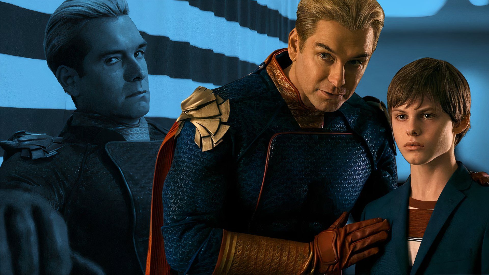 An edited image of Antony Starr as Homelander and Cameron Crovetti as Ryan in The Boys