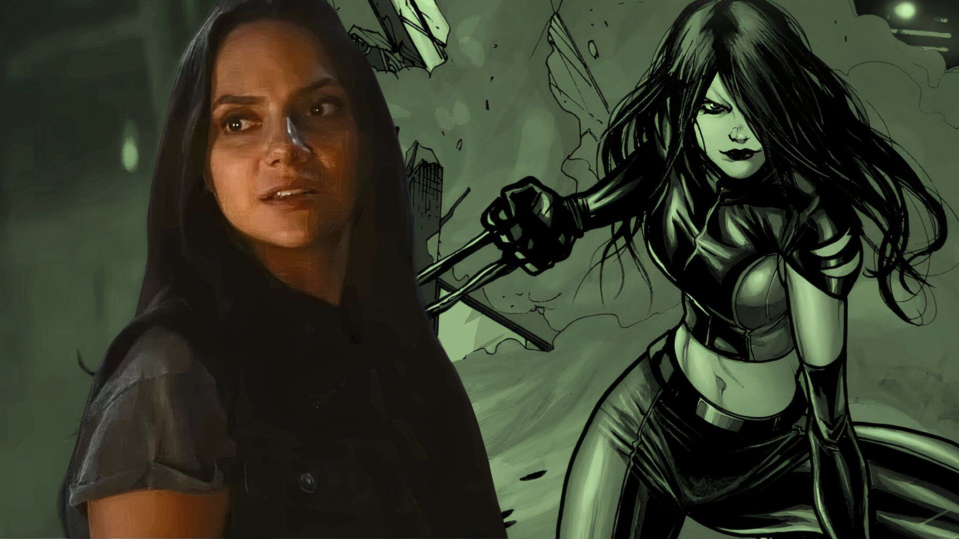 Foto editada de Dafne Keen como X-23 e a versão em quadrinhos 