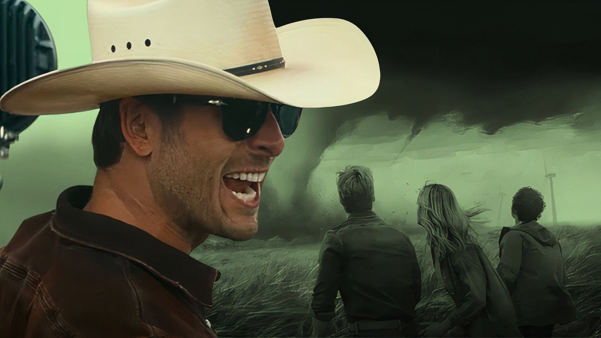 An edited image of Glen Powell wearing a cowboy hat in Twisters