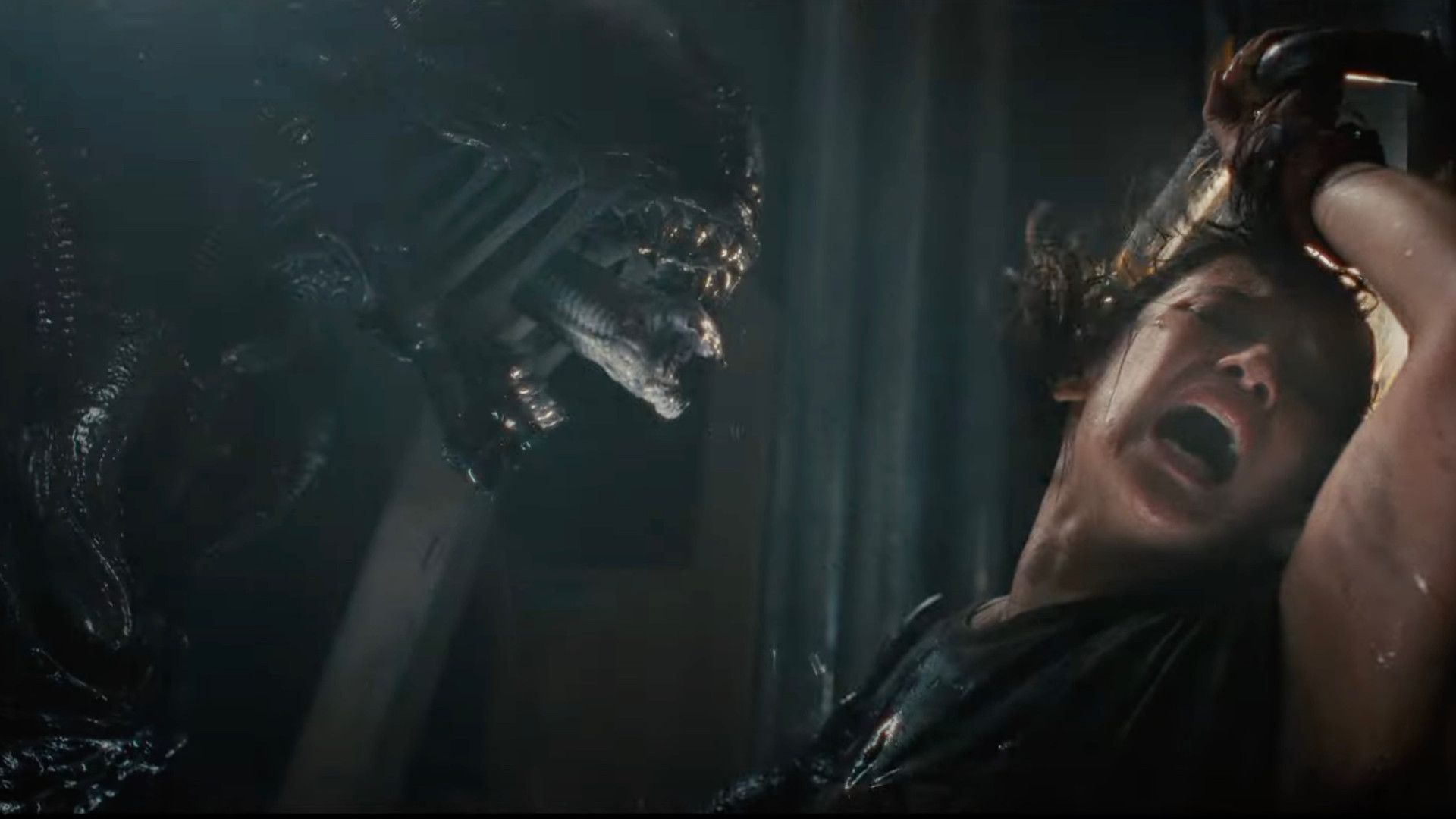 Cailee Spaeny as Rain Carradine in Alien: Romulus facing a Xenomorph