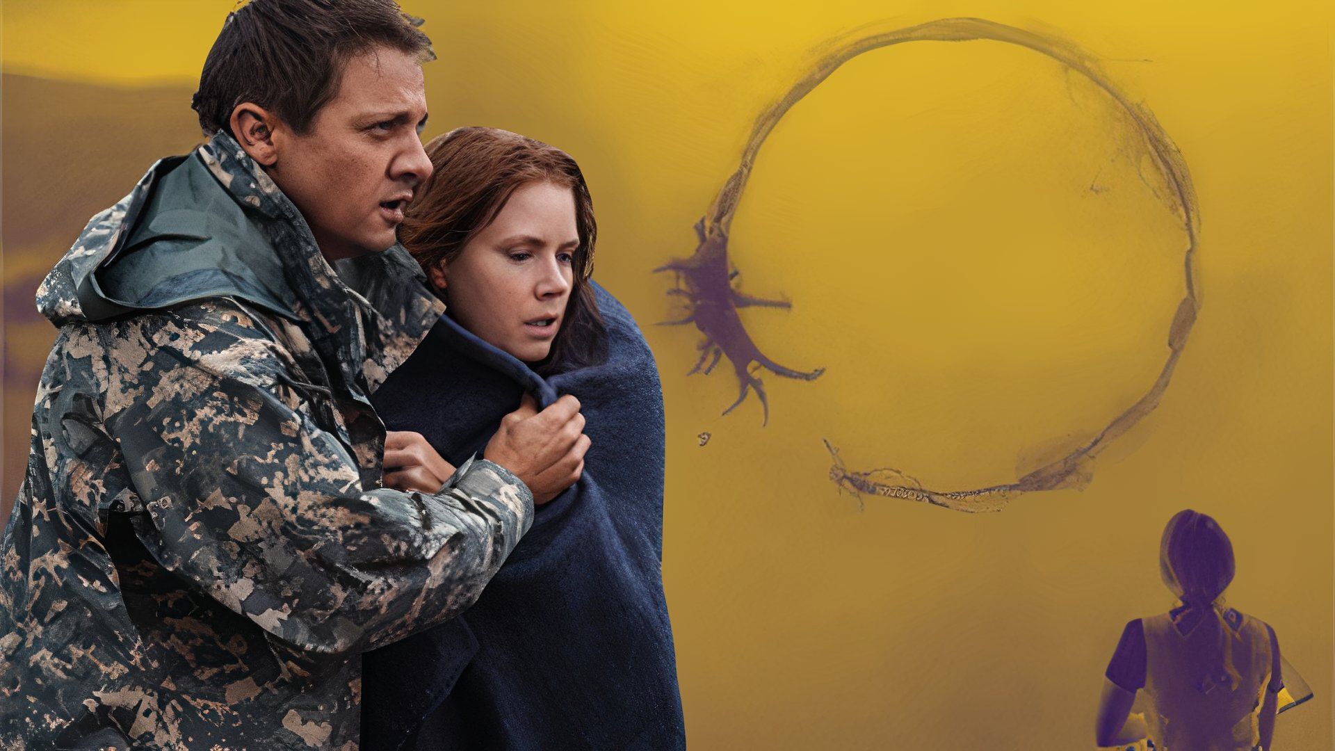 Edited image of Jeremy Renner and Amy Adams with an alien in the background in Arrival