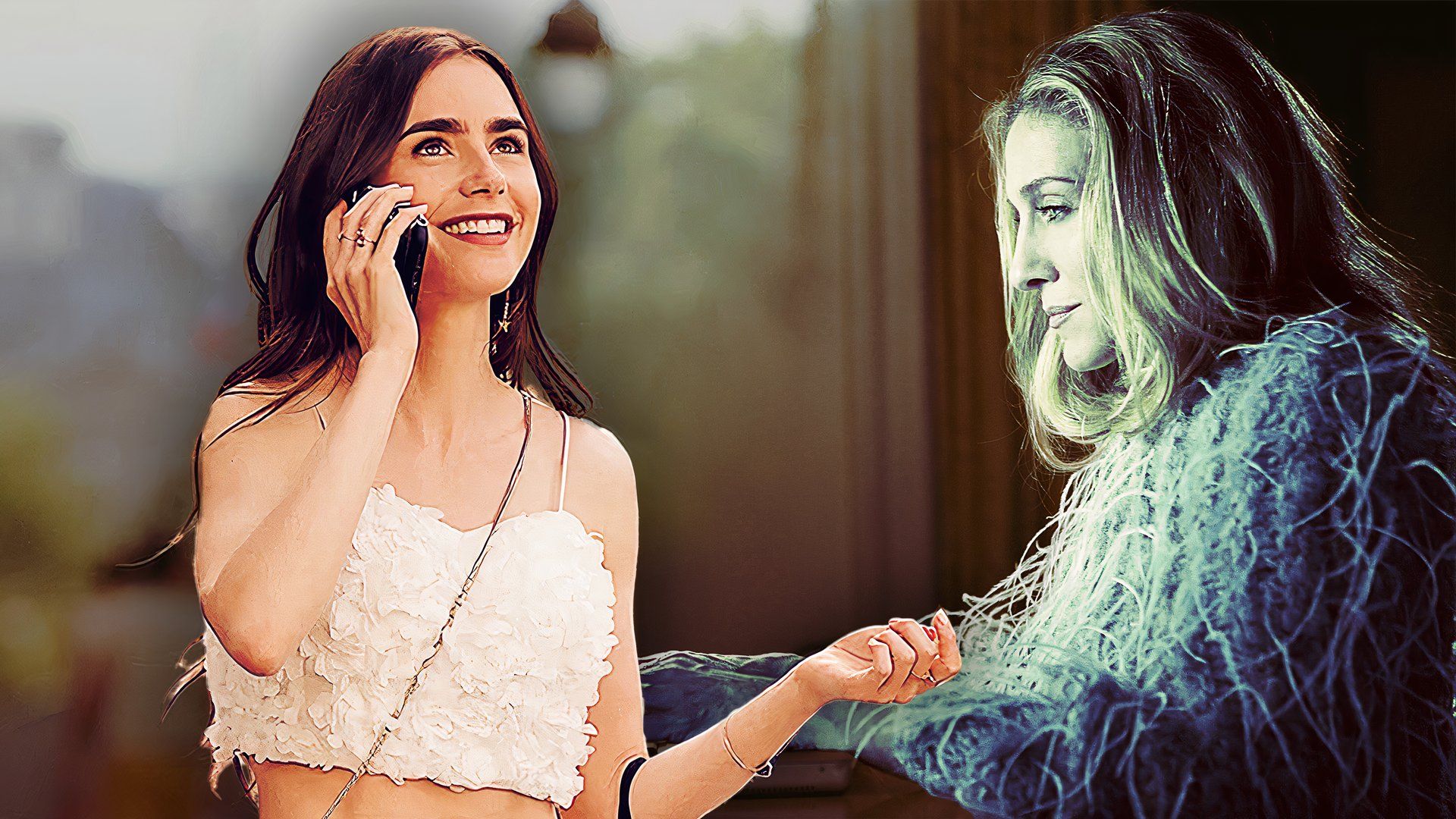 An edited image of Lily Collins and Sarah Jessica Parker in Emily in Paris and Sex and the City